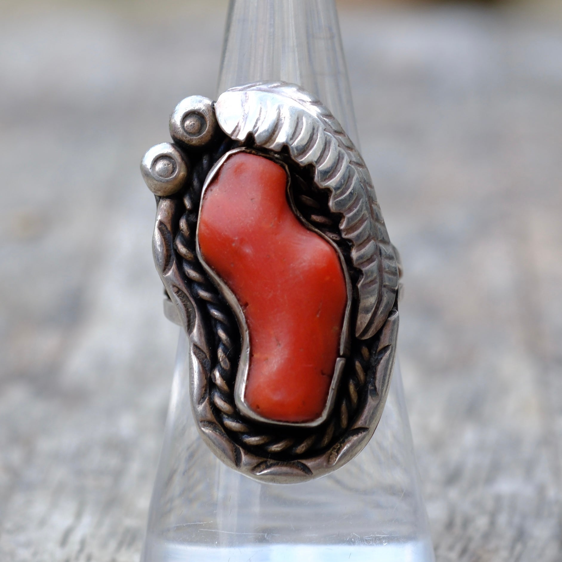 Vintage Sterling Silver Chunky Coral Leaf Ring 6.75