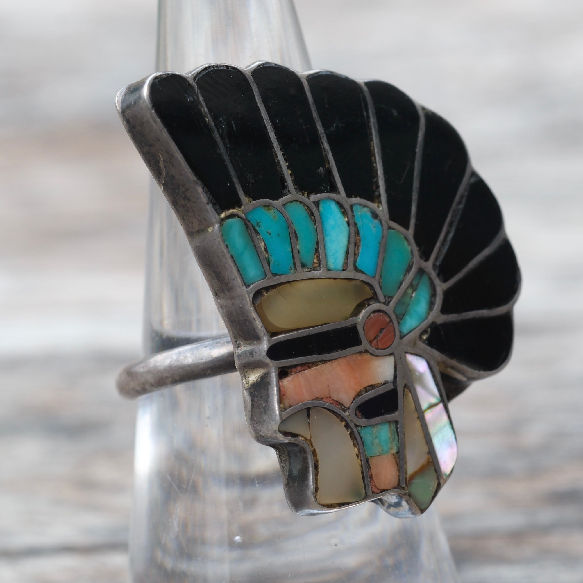 OLDER Vintage Sterling Zuni Inlay Chief Ring 7