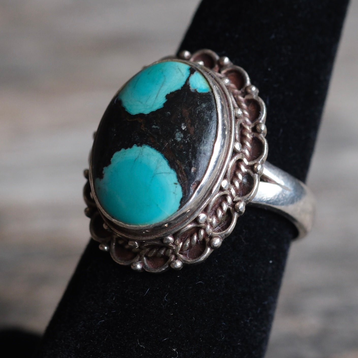 Vintage Sterling Turquoise Florette Ring 6.25