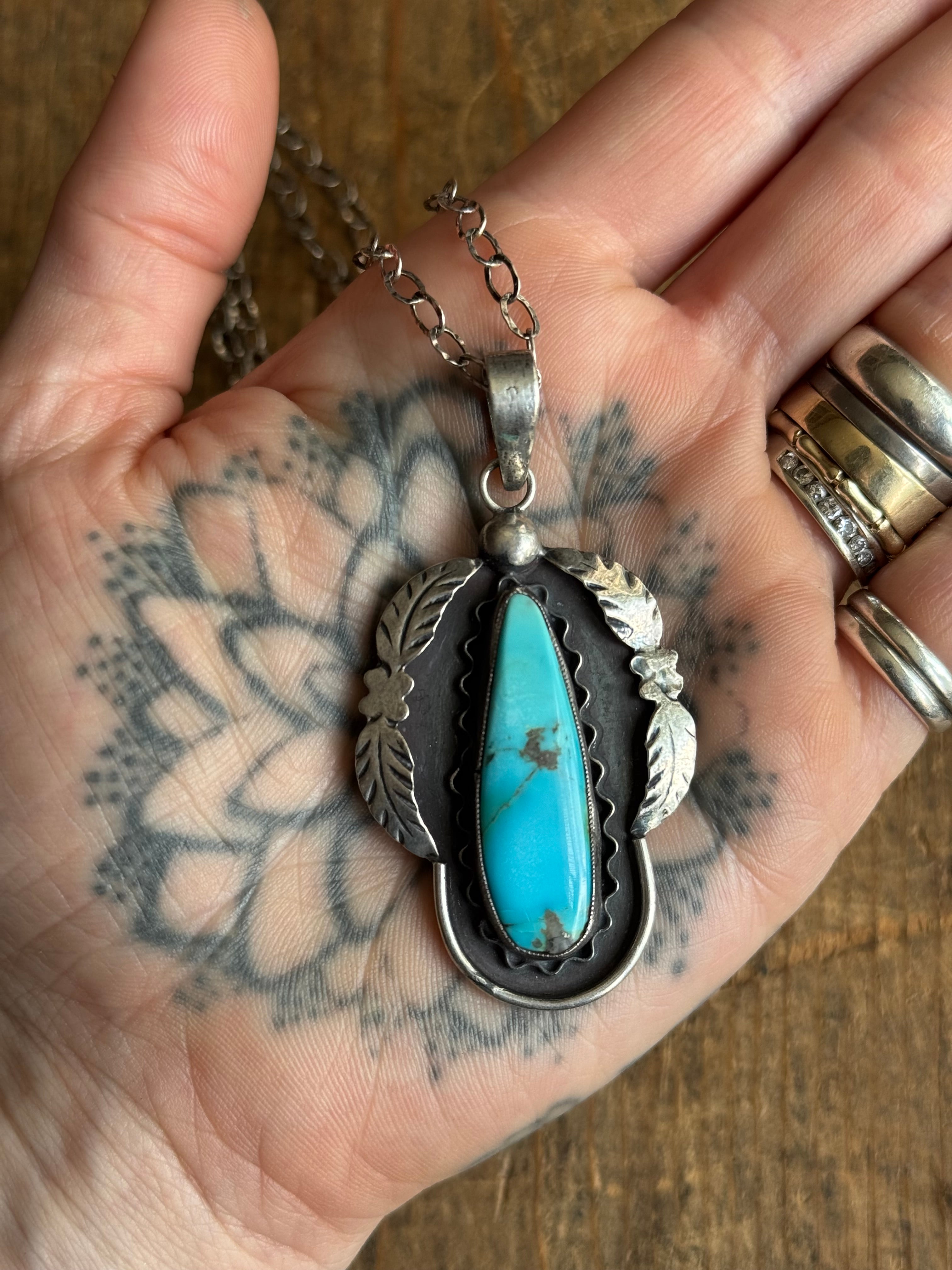 Vintage Sterling Silver Turquoise Teardrop Leaf Necklace