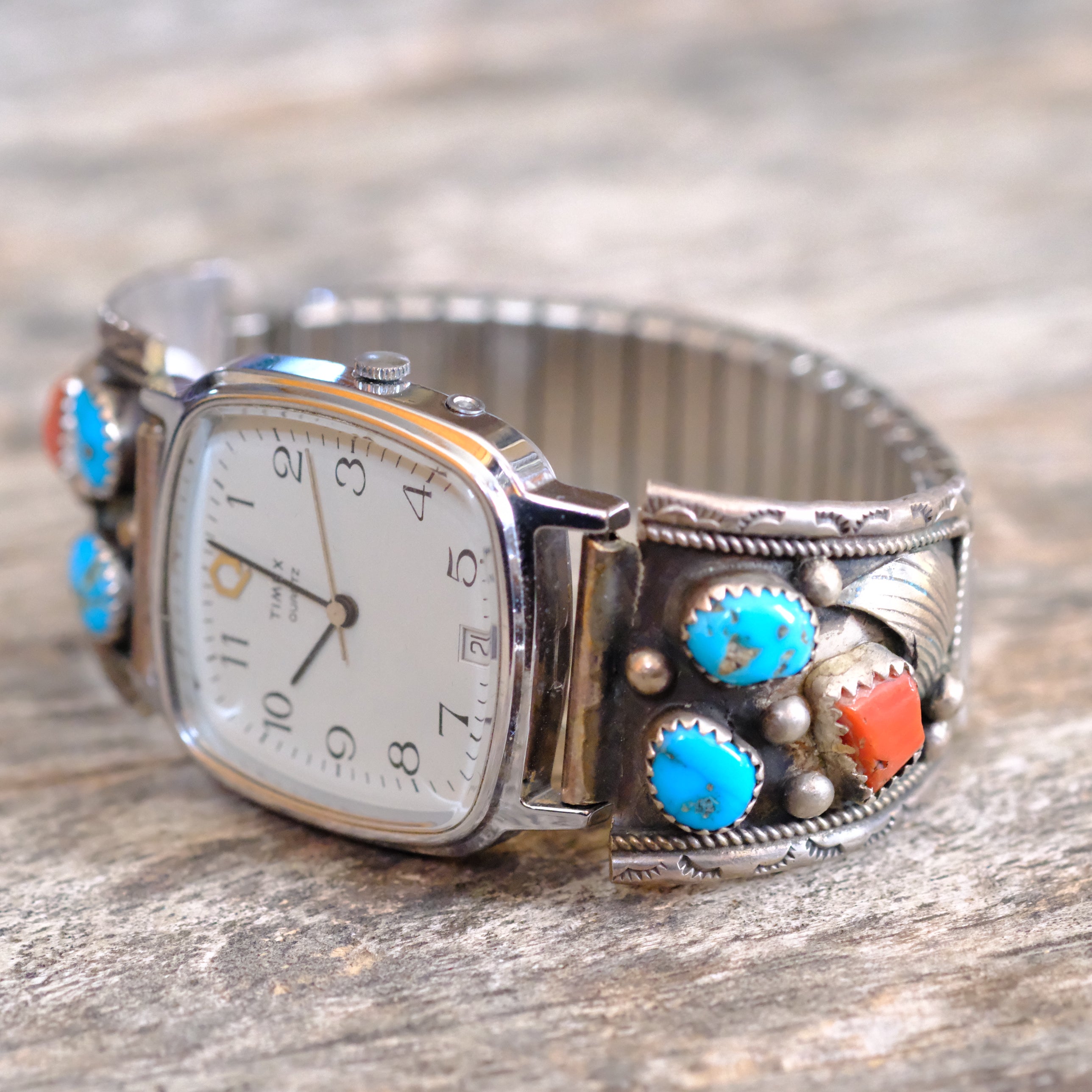 Vintage Sterling Turquoise and Coral Feather Watch