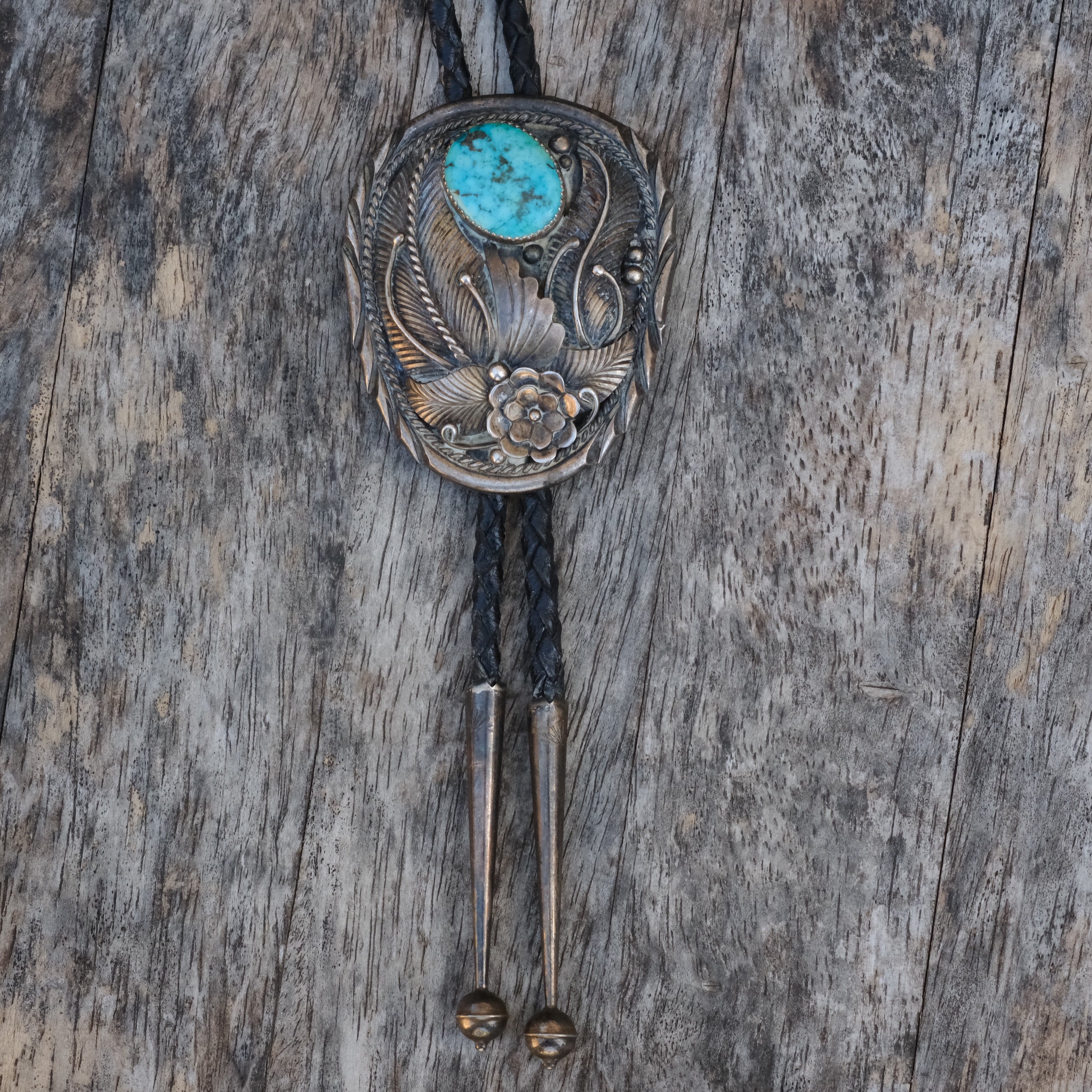 Vintage Sterling Turquoise Blossom Bolo Tie