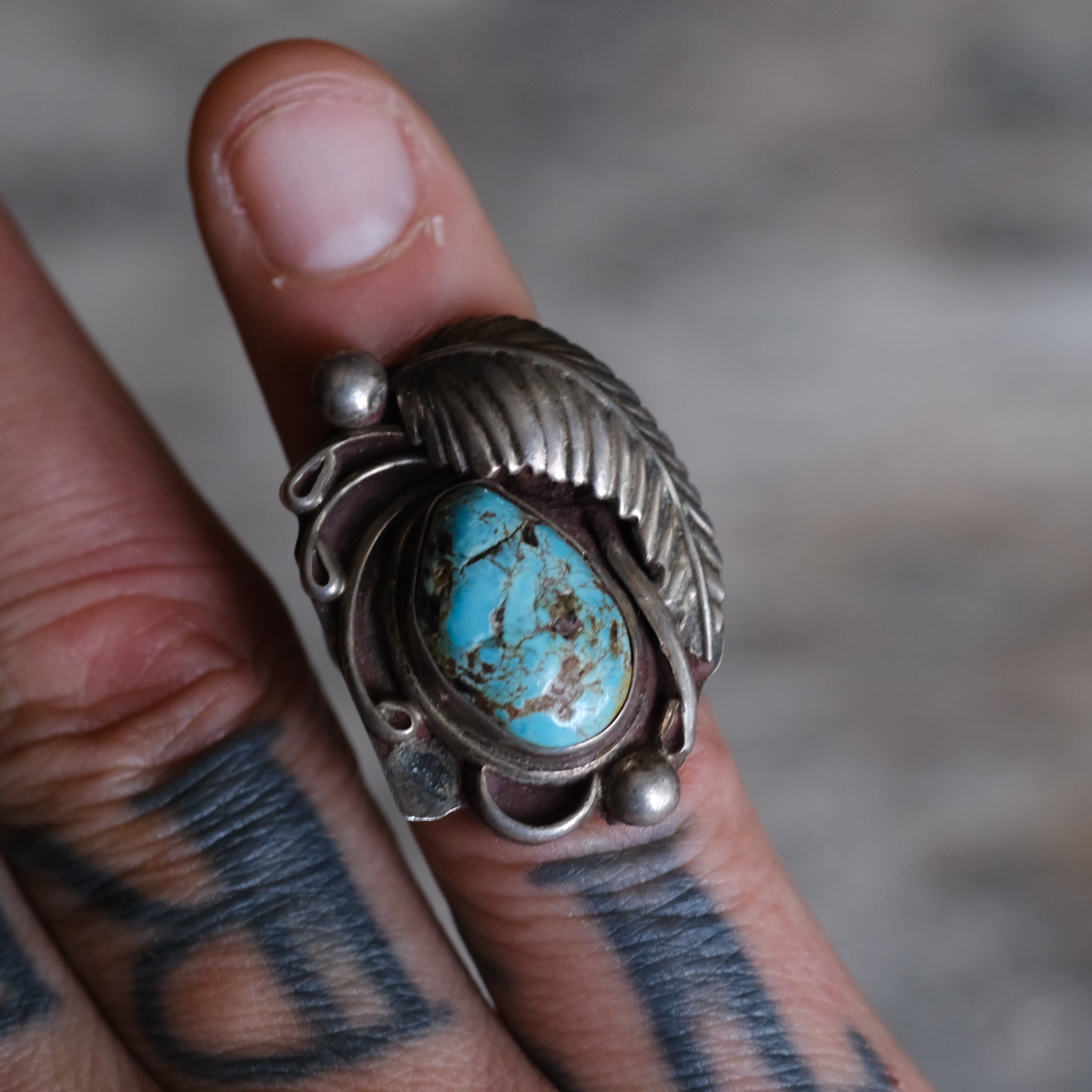 Vintage Sterling Turquoise Feather Ring 5
