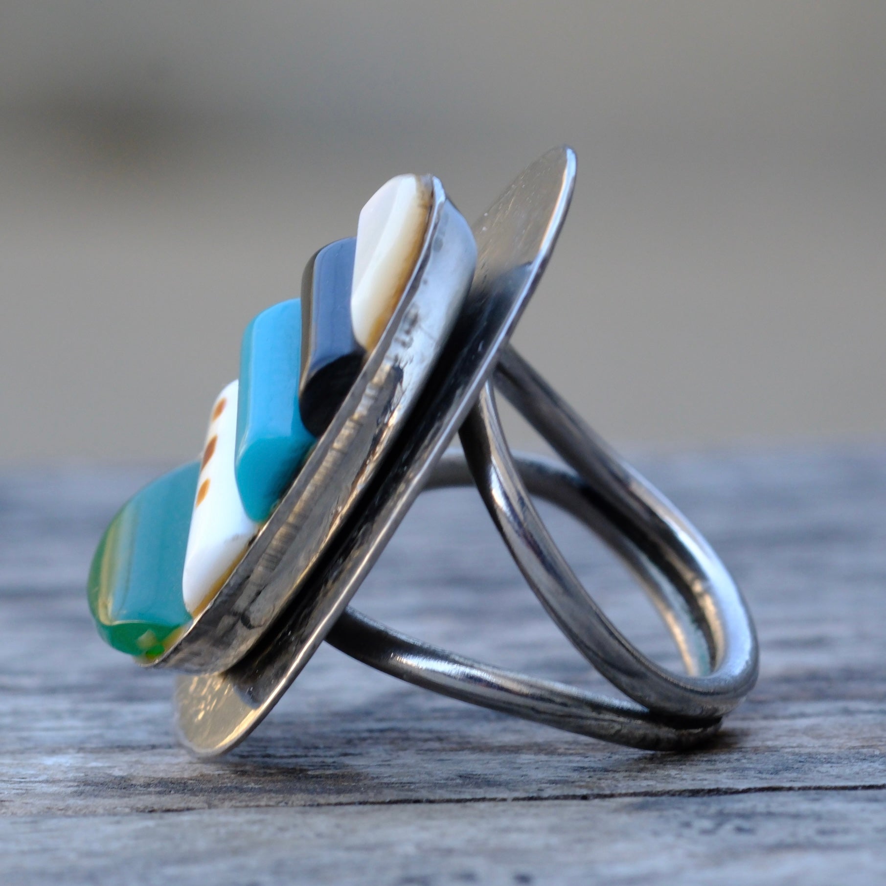 Vintage Sterling Multistone Inlay Ring 5