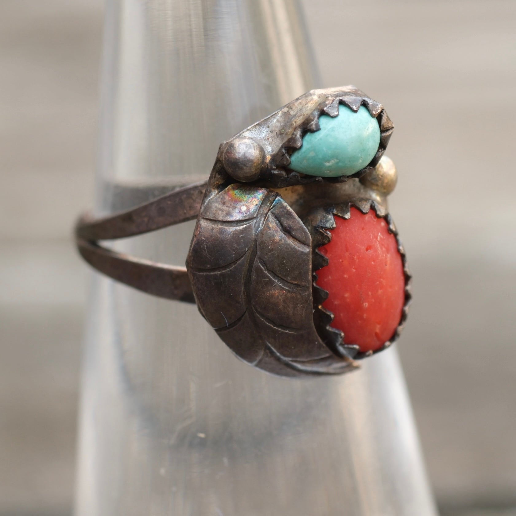 Vintage Sterling Turquoise and Coral Feather Ring 4.5