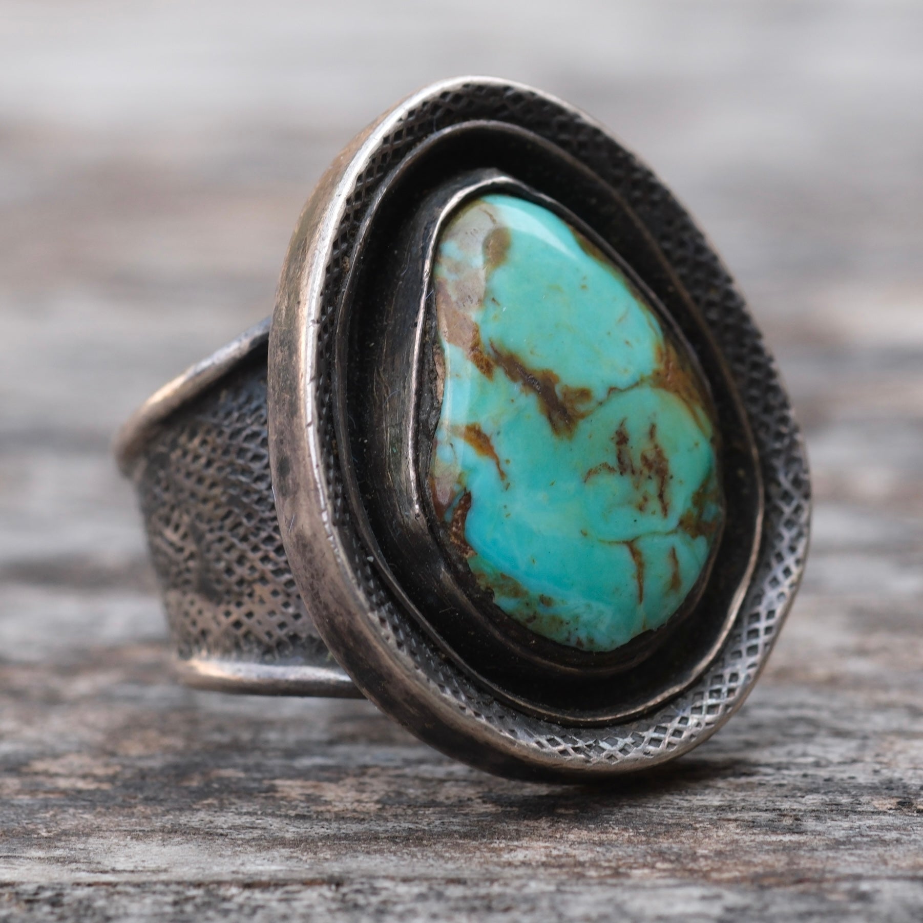 Vintage Sterling Turquoise Textured Band Ring 6
