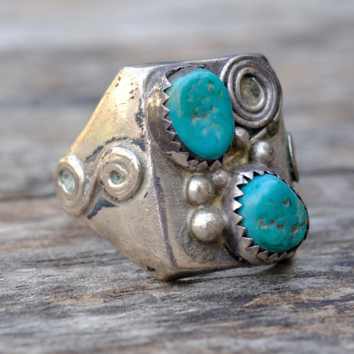 Vintage Sterling 2-Stone Turquoise Ring 10.5