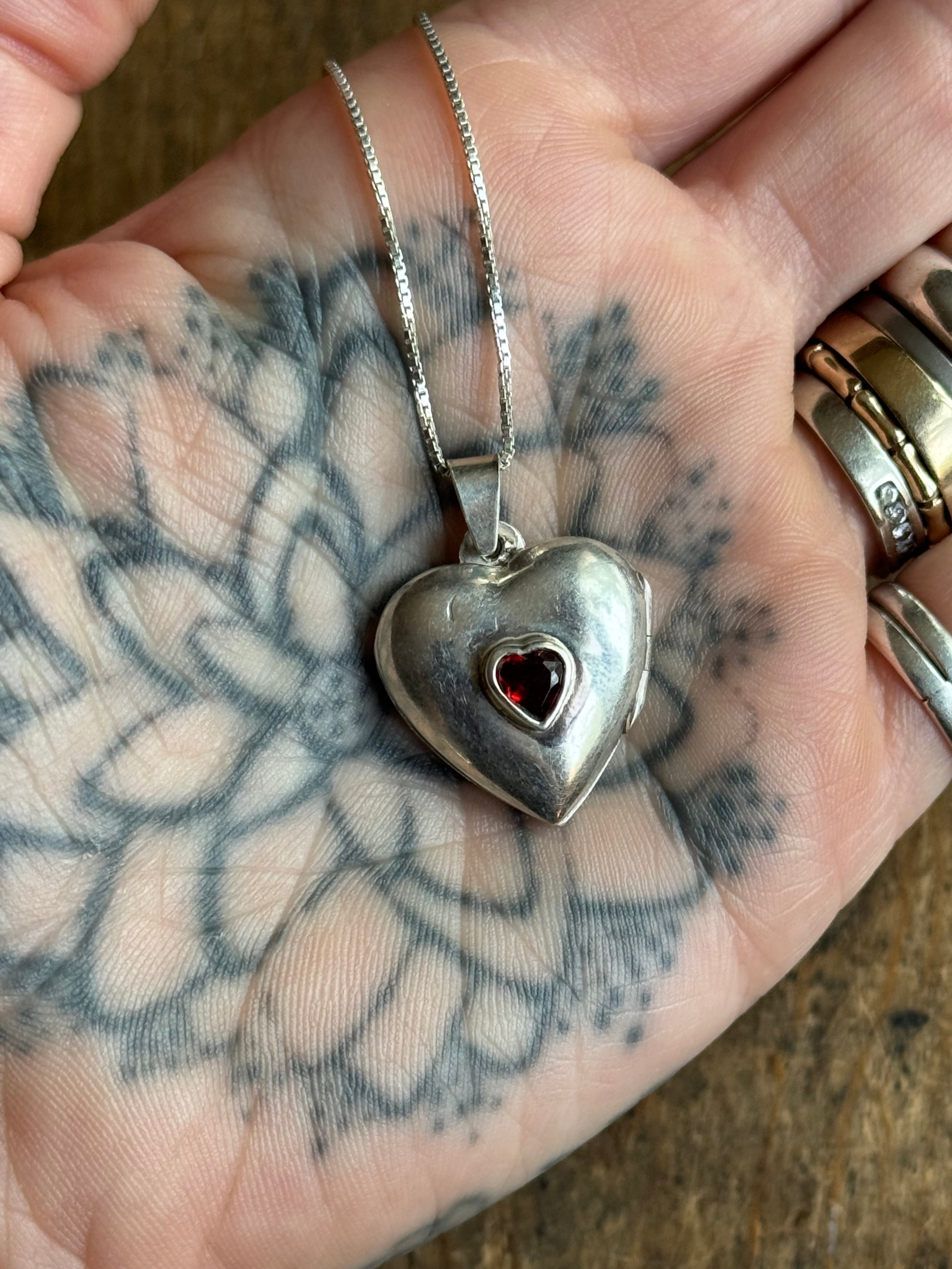 Vintage Sterling Silver Garnet Heart Locket Necklace