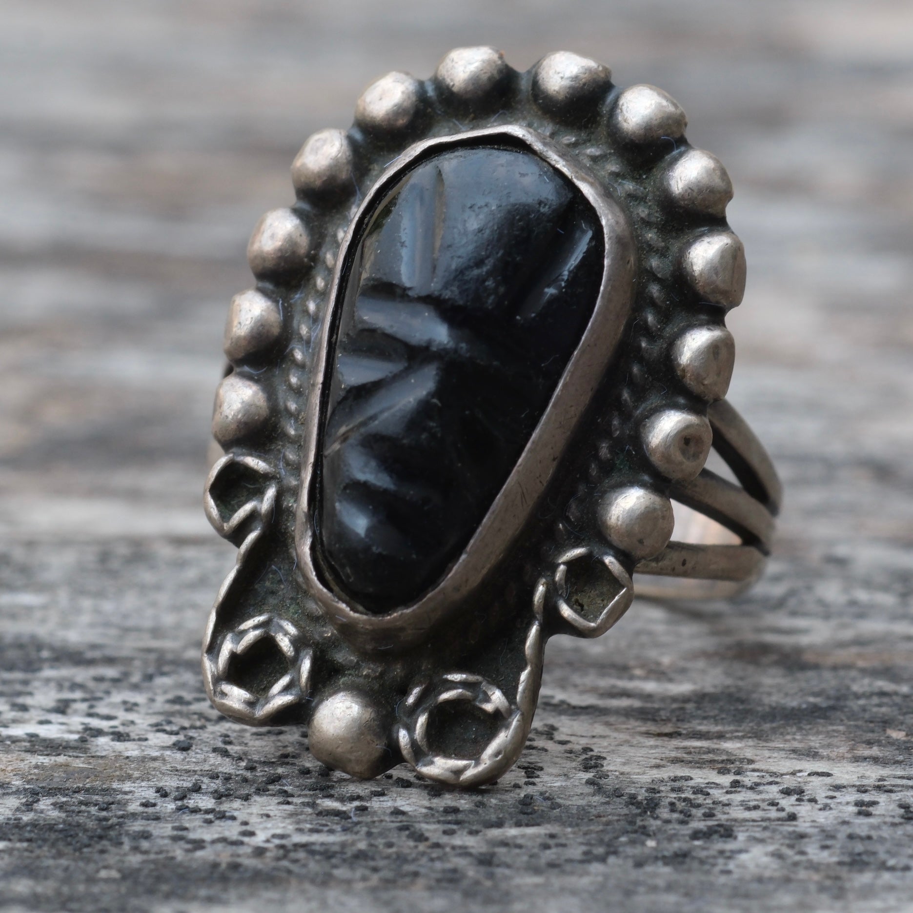 Vintage Sterling Carved Onyx Face Ring 5.5