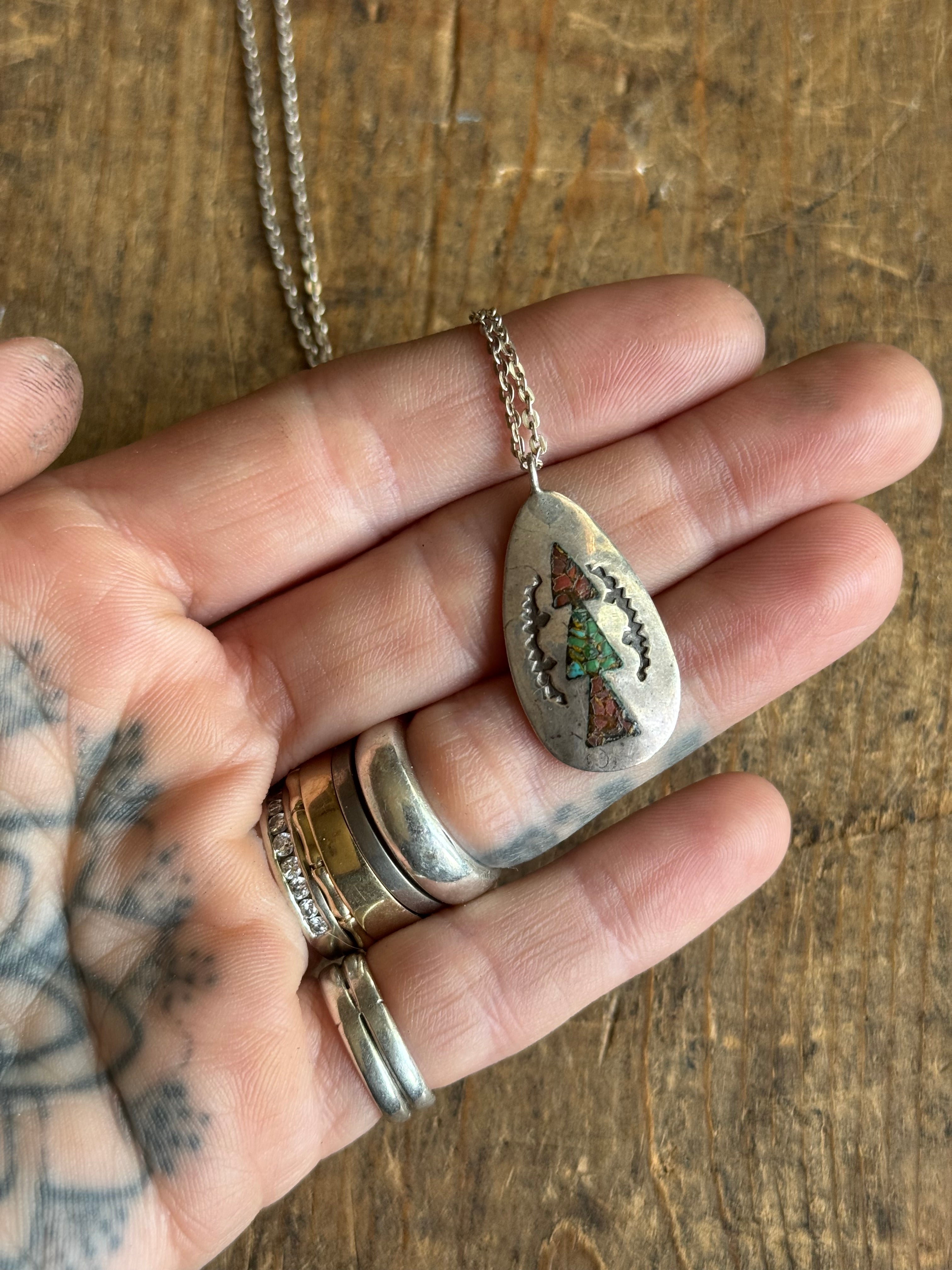 Vintage Sterling Silver Crushed Coral & Turquoise Inlay Teardrop Necklace