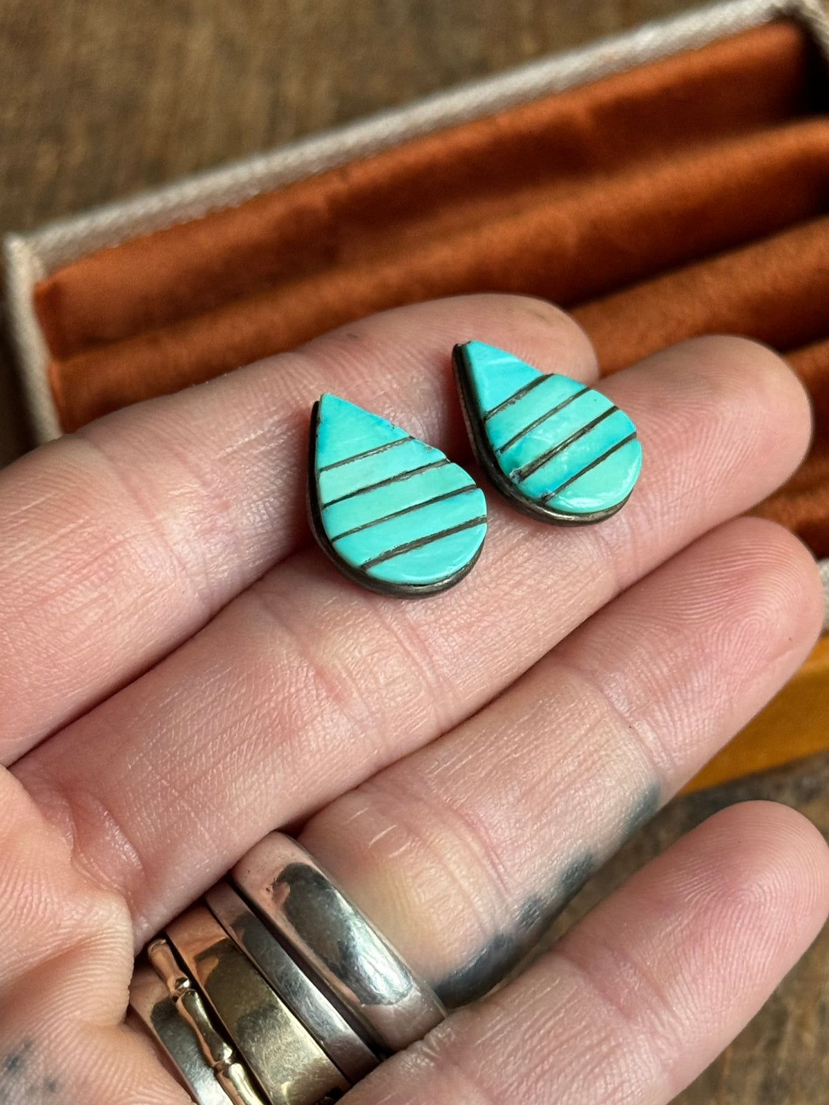 Vintage Sterling Silver Turquoise Inlay Teardrop Earrings