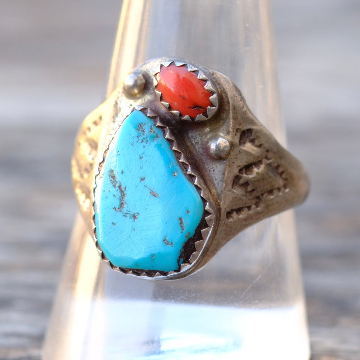 Vintage Sterling Turquoise and Coral Stamped Band Ring 10.25