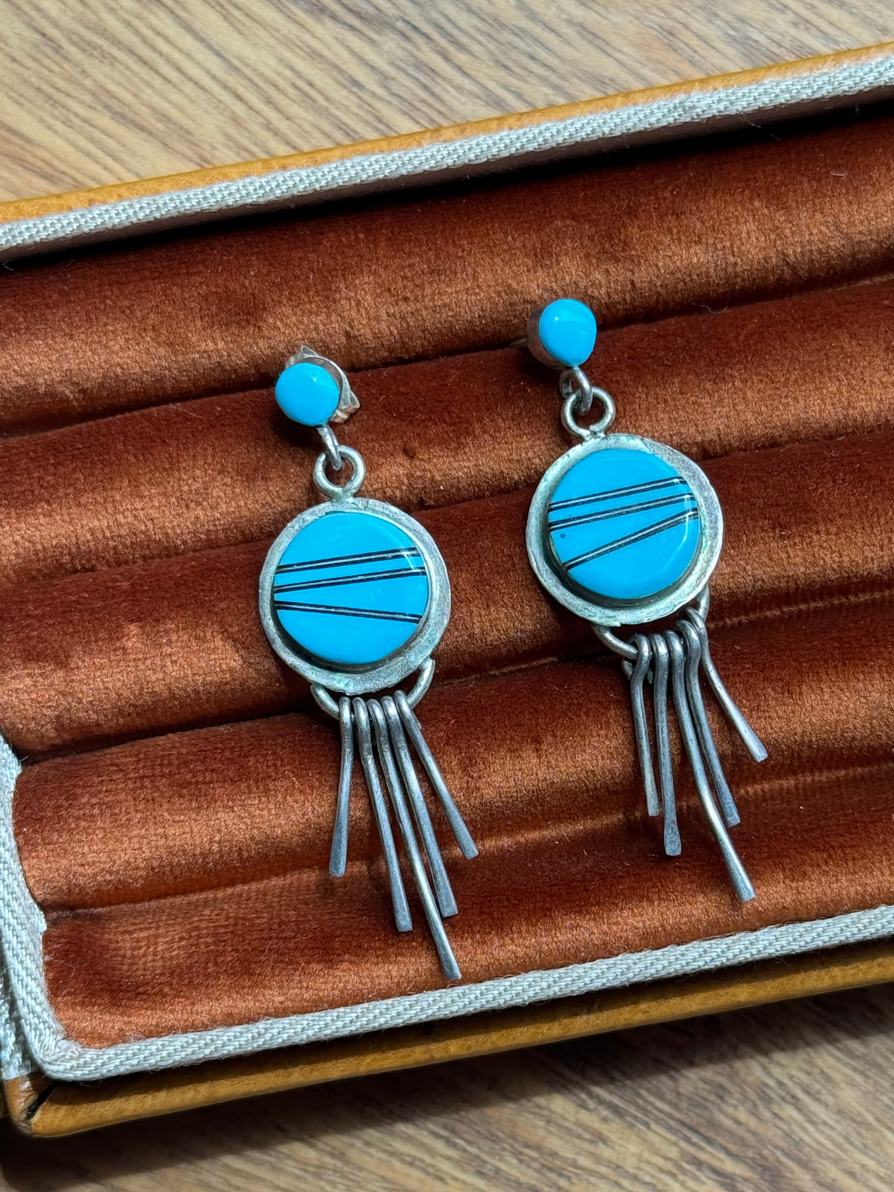 Vintage Sterling Silver Turquoise Inlay Fringe Earrings