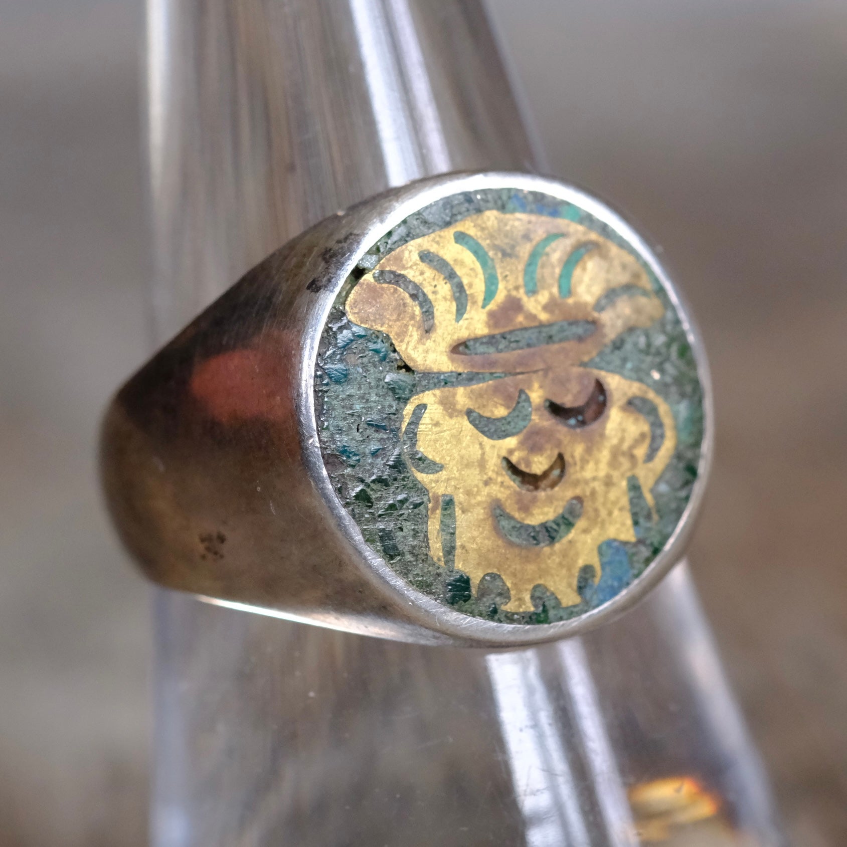 Vintage Sterling Turquoise Inlay Taxco Ring 8.25