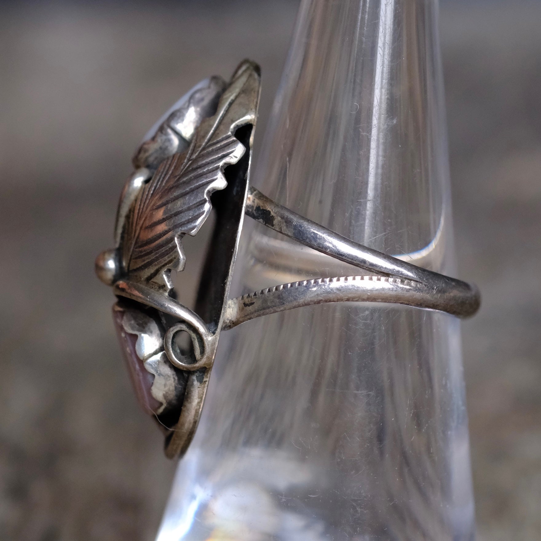 Vintage Sterling 2-Stone Mother Of Pearl Feather Ring 6.25