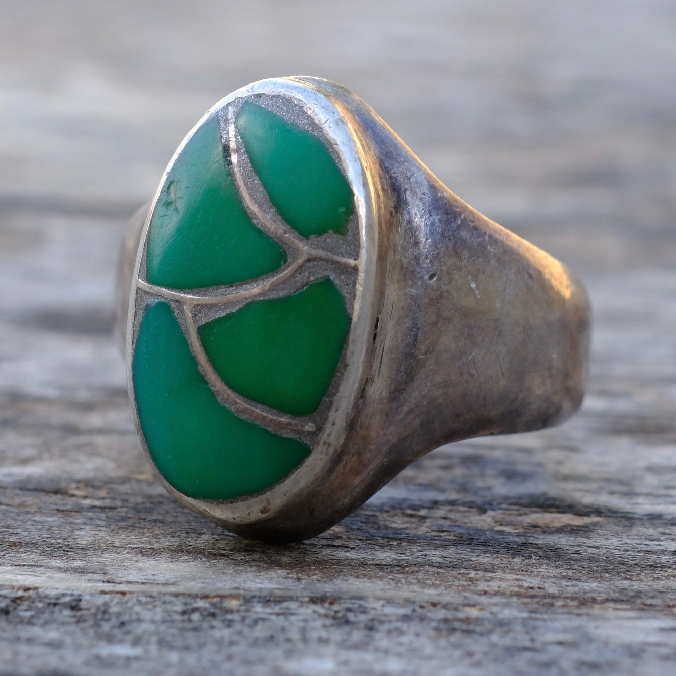 Vintage Sterling Turquoise Inlay Fishscale Ring 6.75