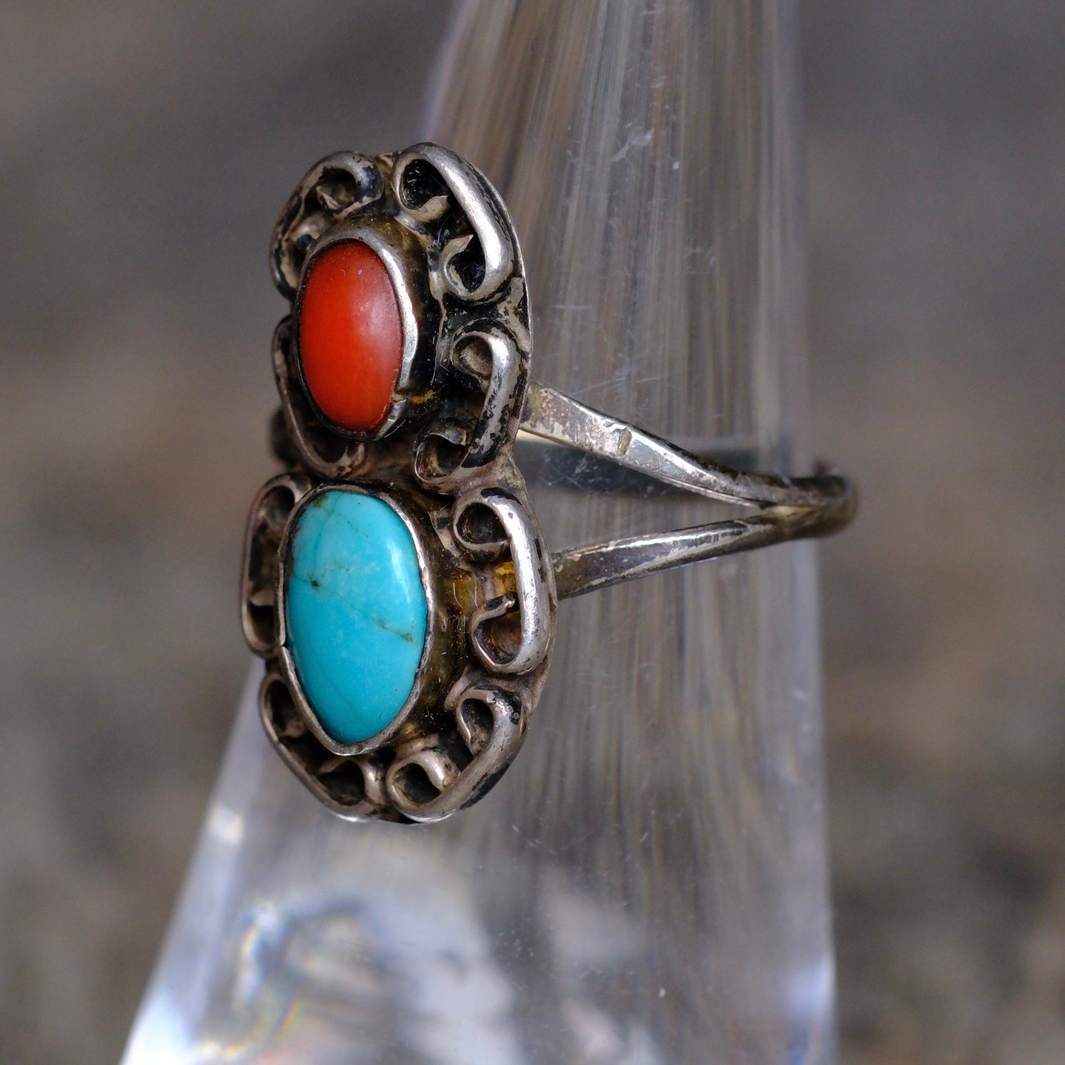 Vintage Sterling Turquoise and Coral Ring 5.75