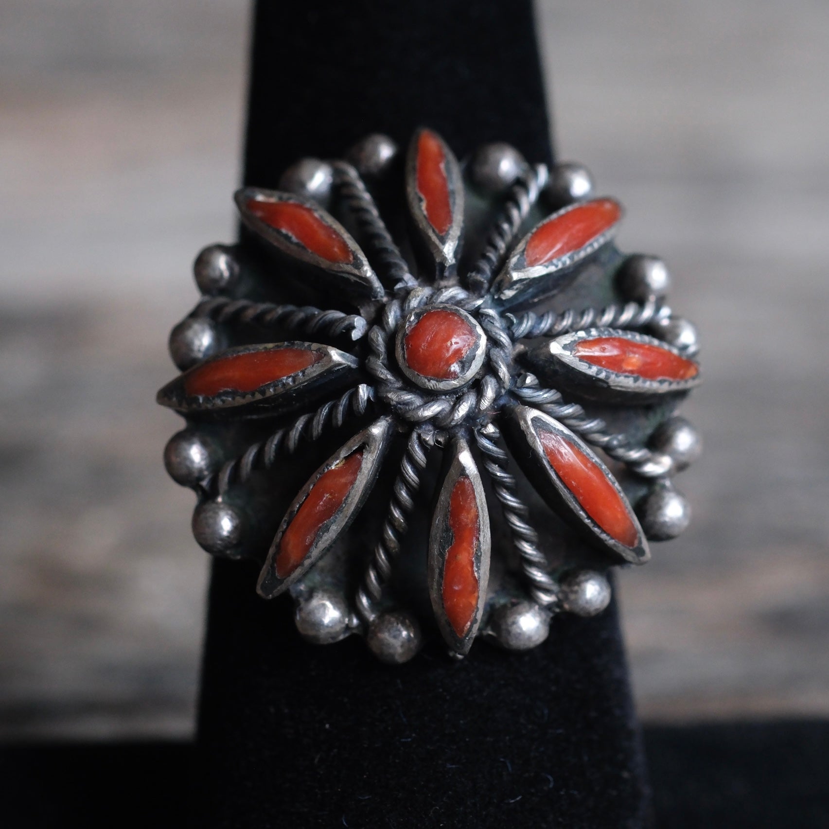 Vintage Sterling Coral Cluster Ring 7.5