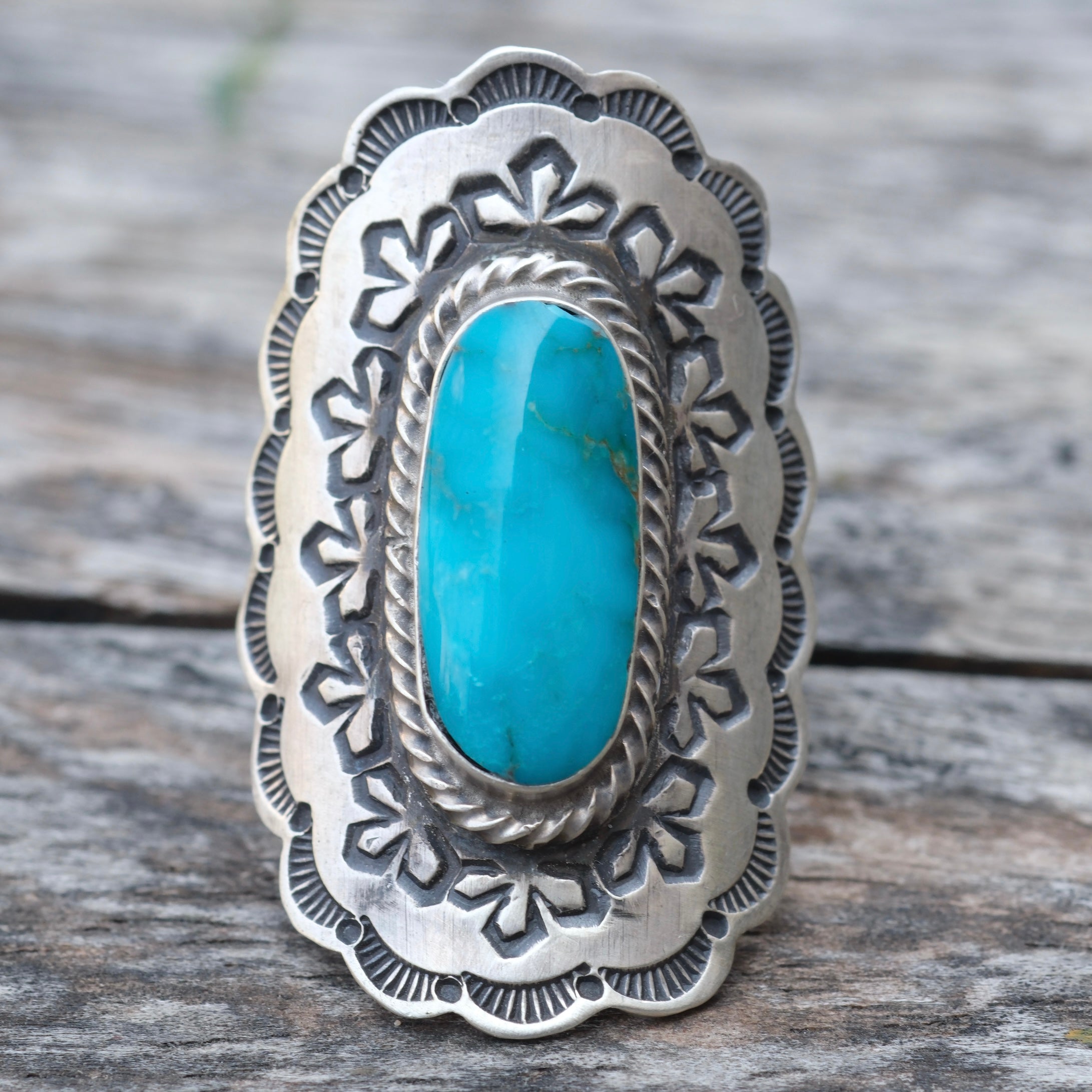 Vintage Sterling Running Bear Turquoise Stamped Ring 8