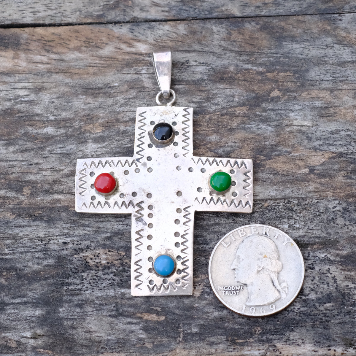 Vintage Sterling Multi Stone Cross Pendant 