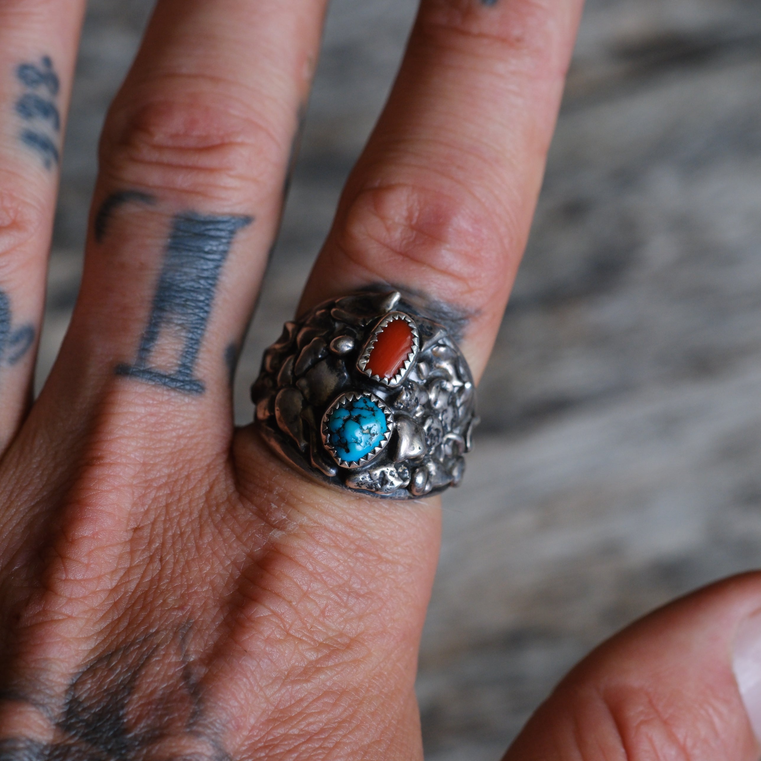 Vintage Sterling Turquoise and Coral Ring 10