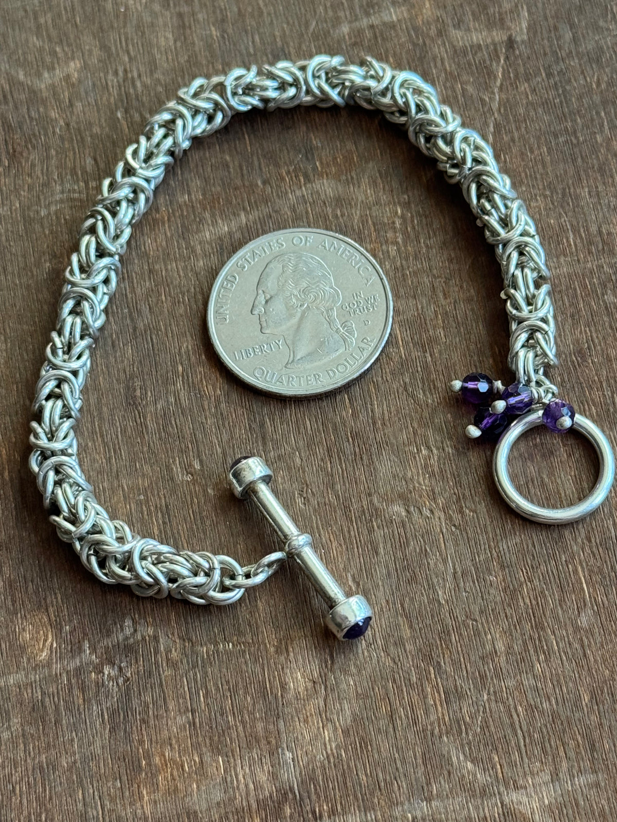 Vintage Sterling Silver 7.5” Amethyst Byzantine Toggle Chain Bracelet