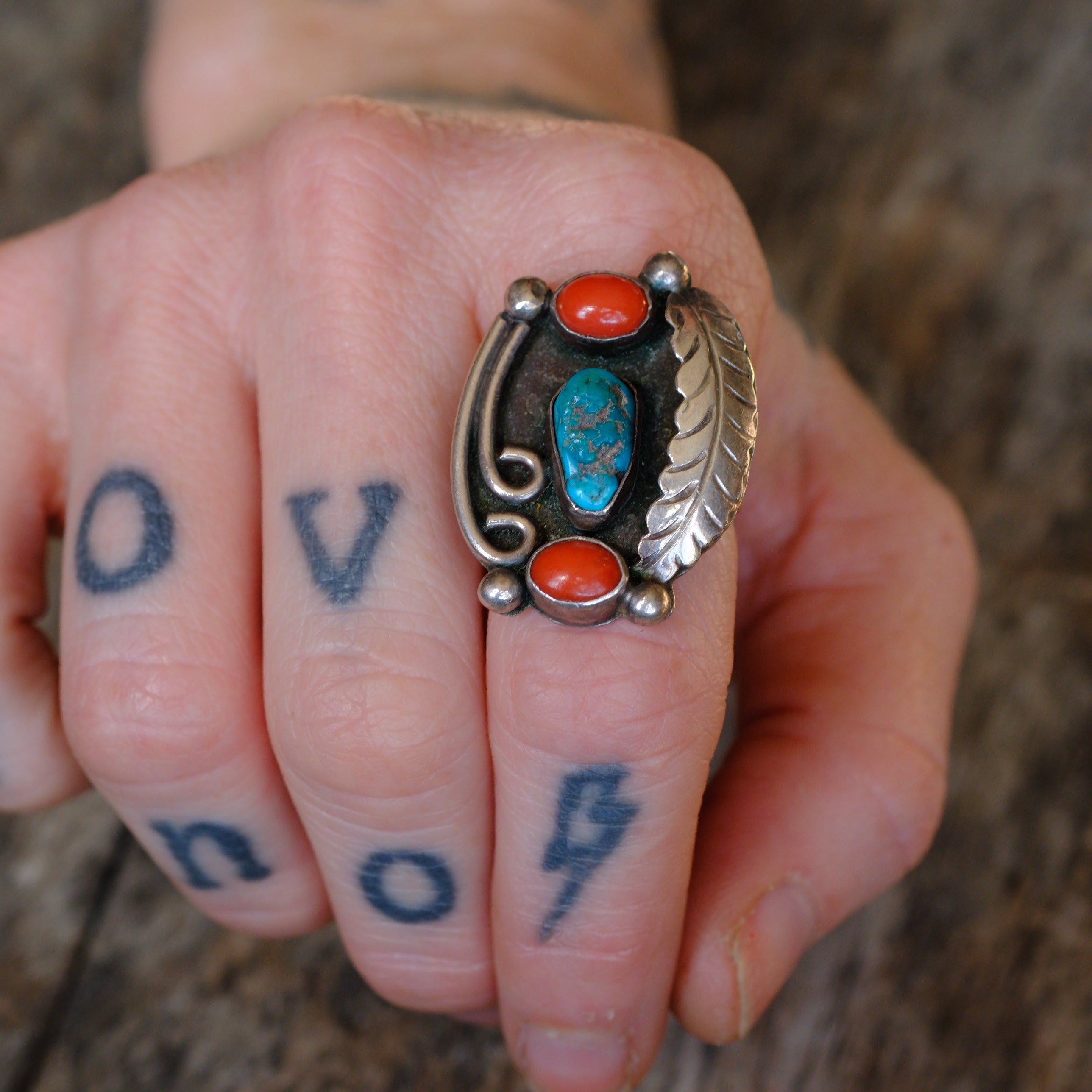 Vintage Sterling Turquoise and Coral Feather Ring 6