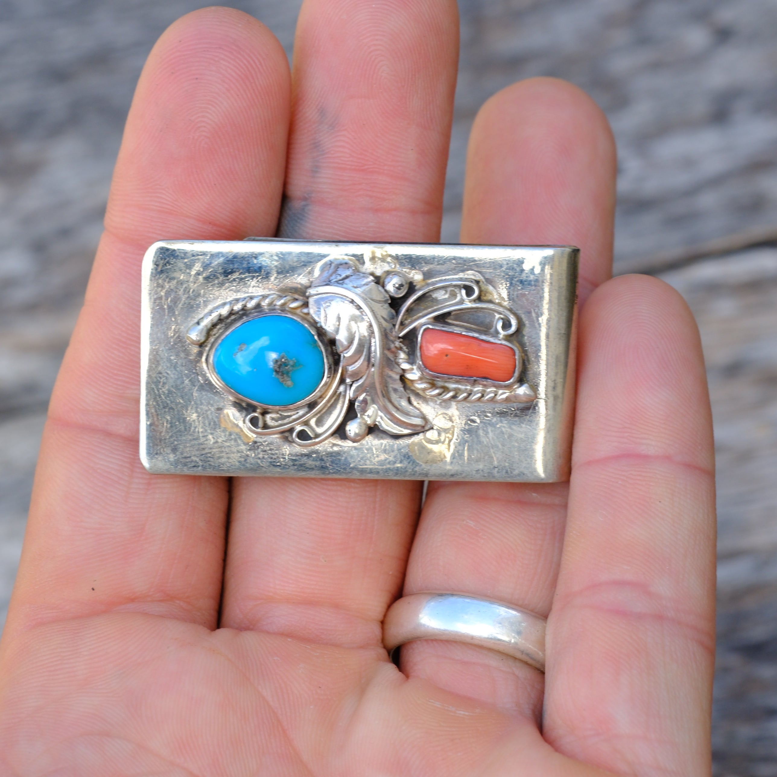 Vintage Turquoise and Coral Feather Money Clip