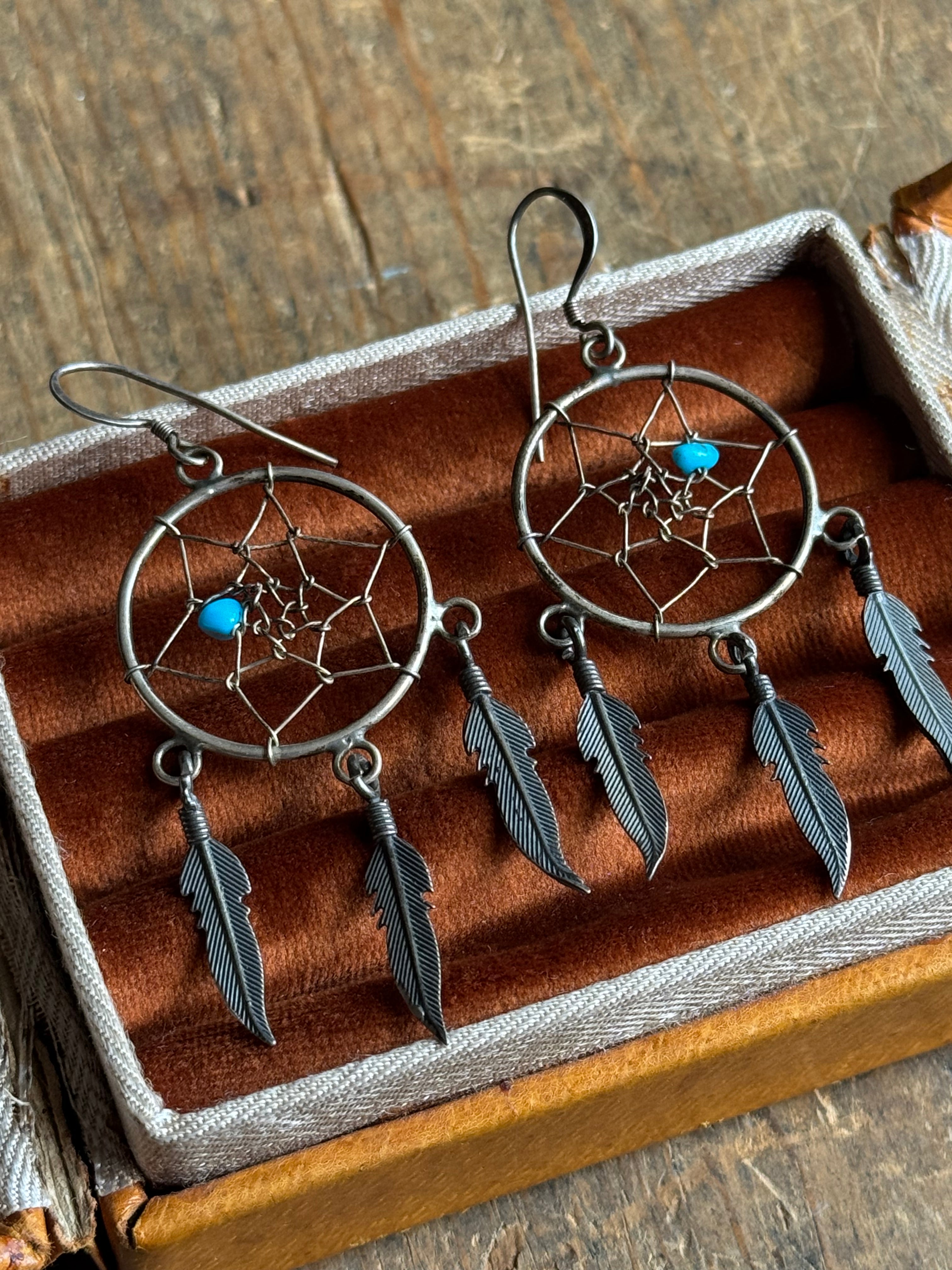 Vintage Sterling Silver Turquoise Dreamcatcher Earrings