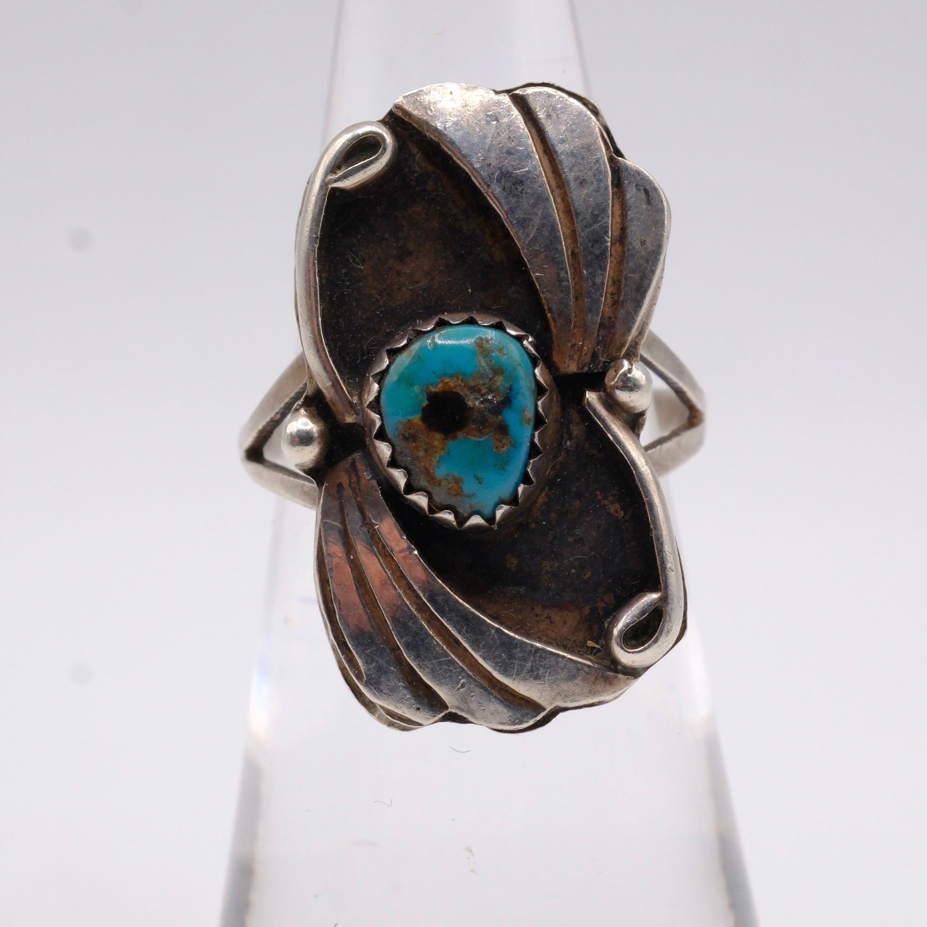 Vintage Sterling Turquoise Feather Ring 4.75