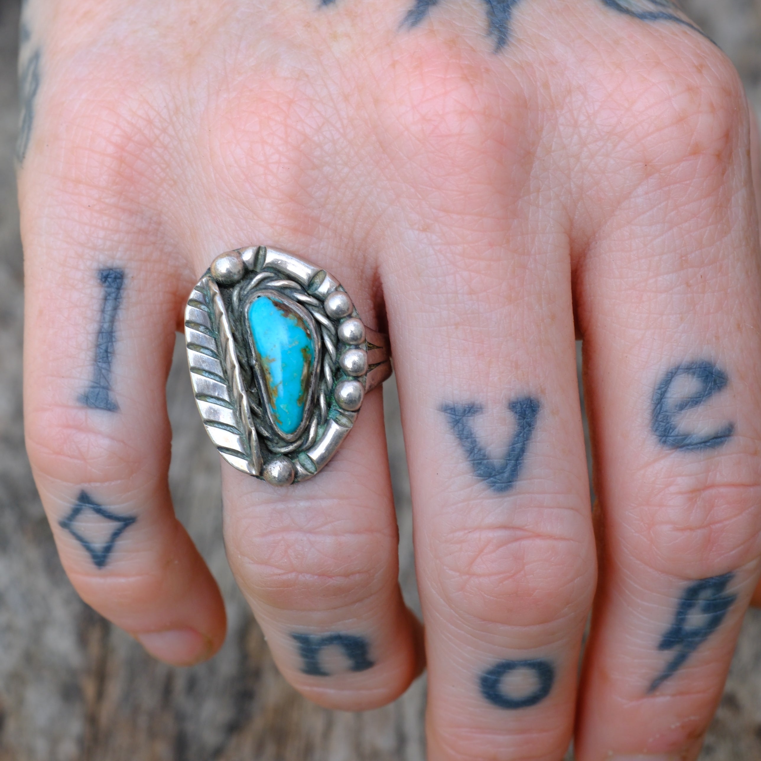 Vintage Sterling Turquoise Feather Ring 5.25
