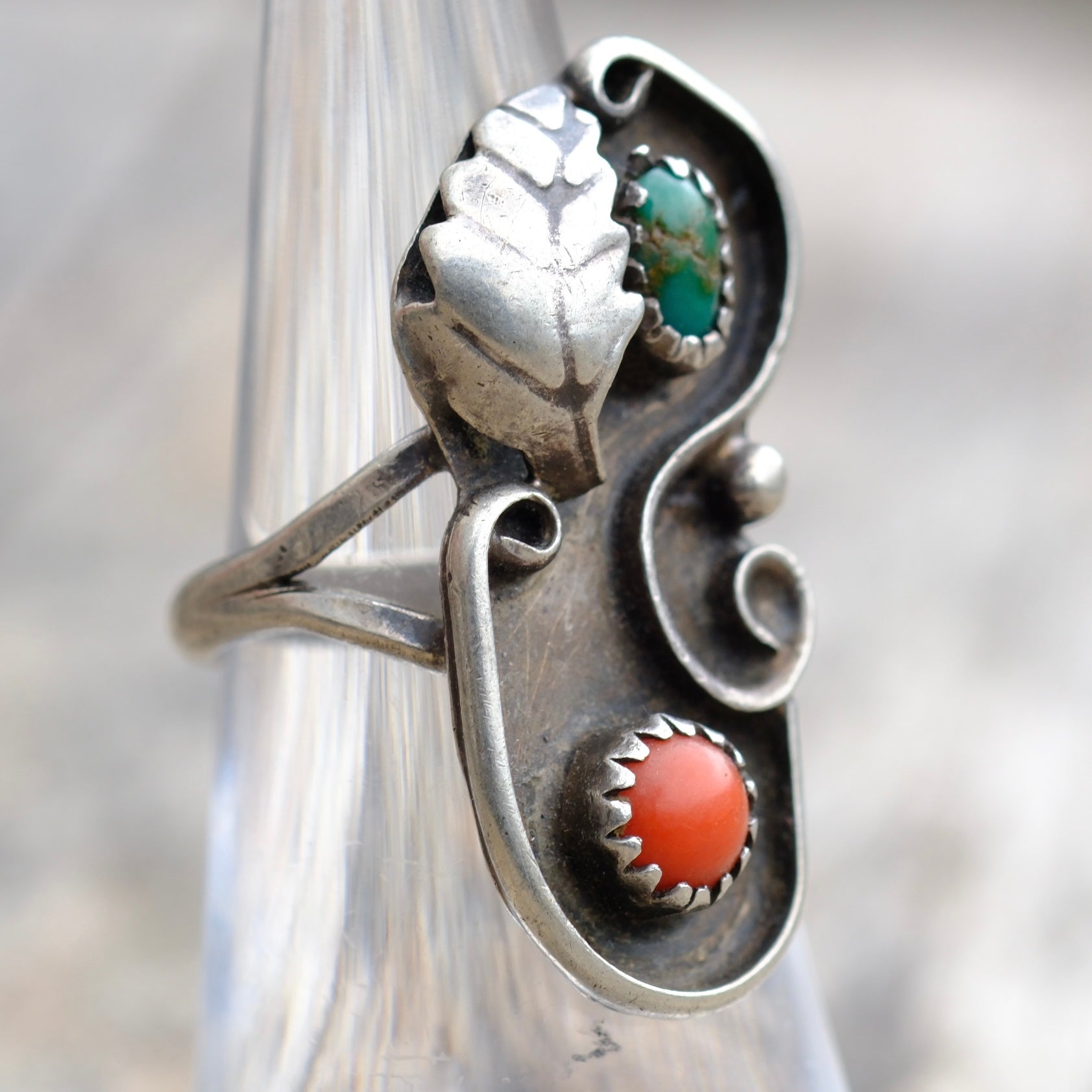Vintage Sterling Turquoise and Coral Feather Ring 5.25