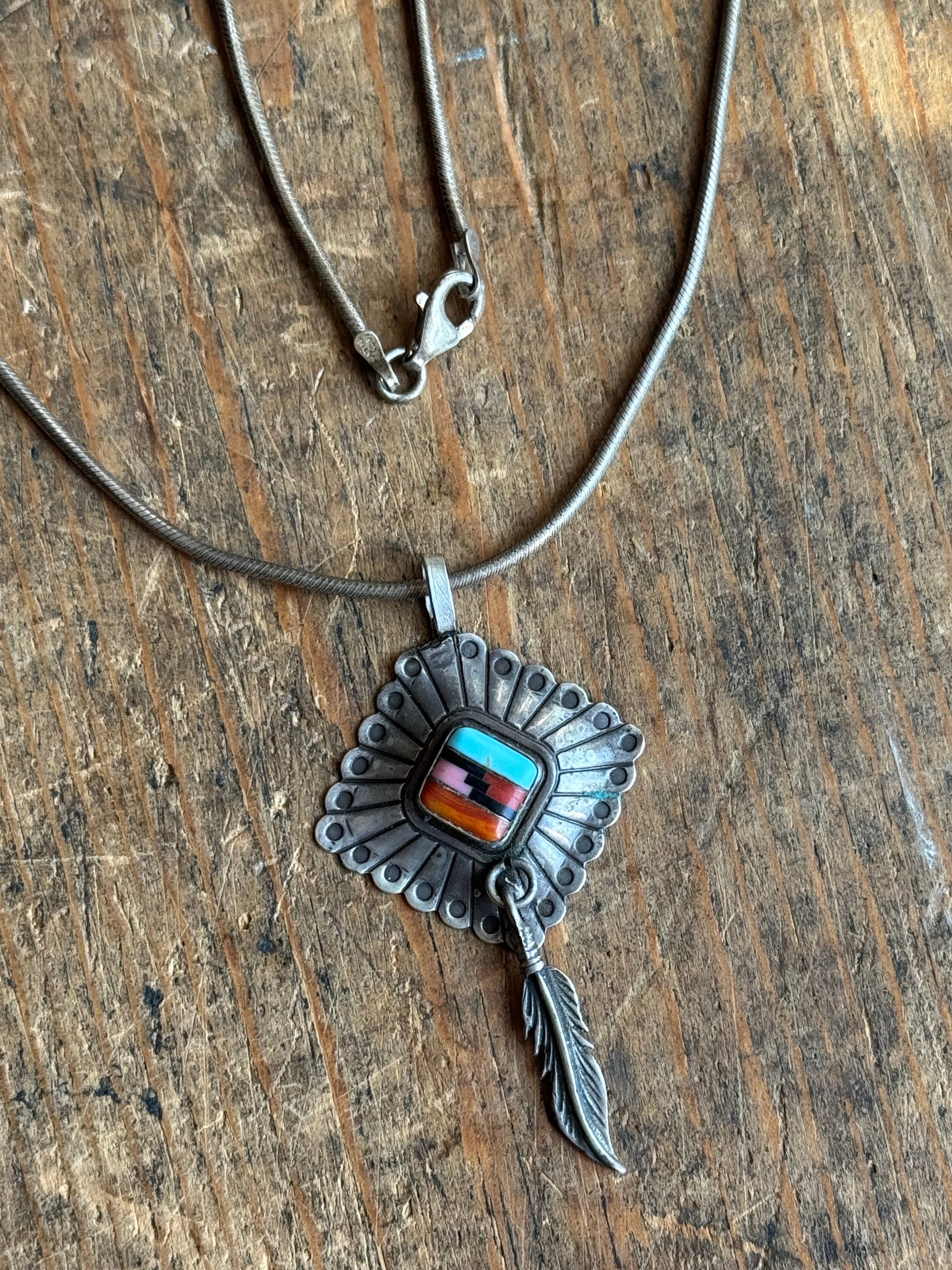 Vintage Sterling Silver Multistone Inlay Feather Concho 18" Necklace