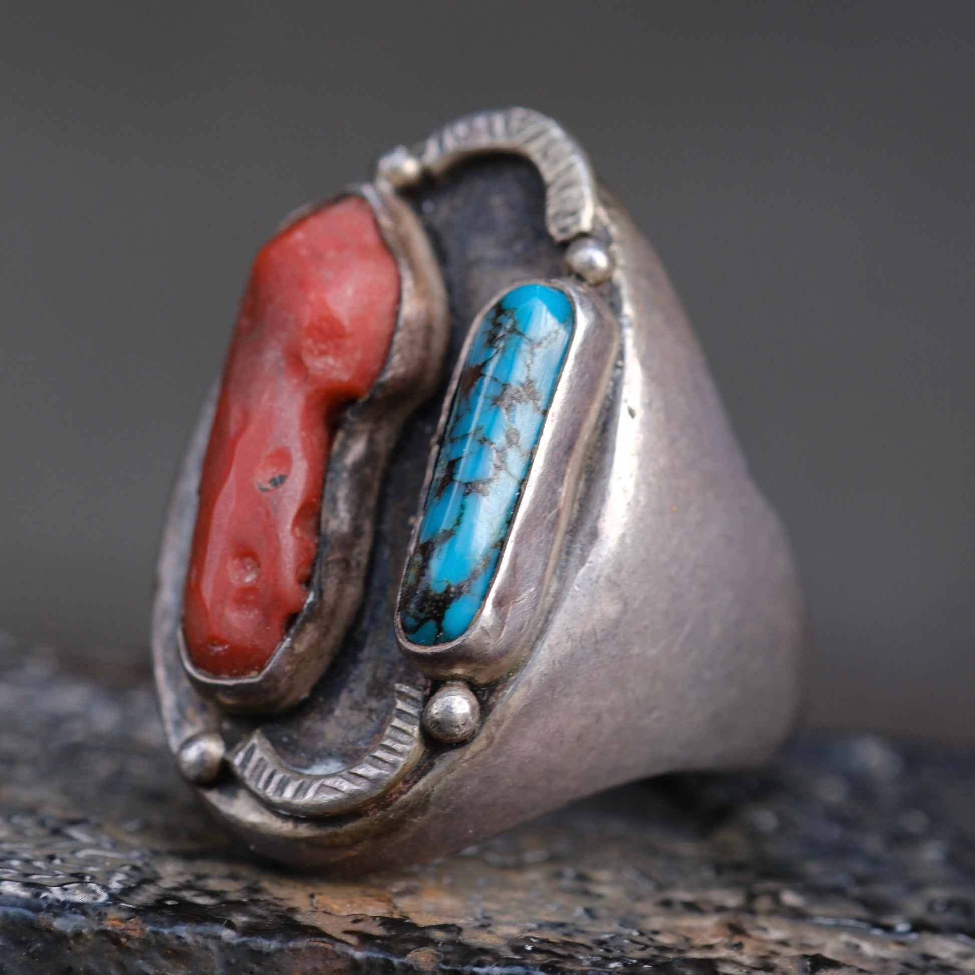 Vintage Sterling Turquoise and Coral Ring 10