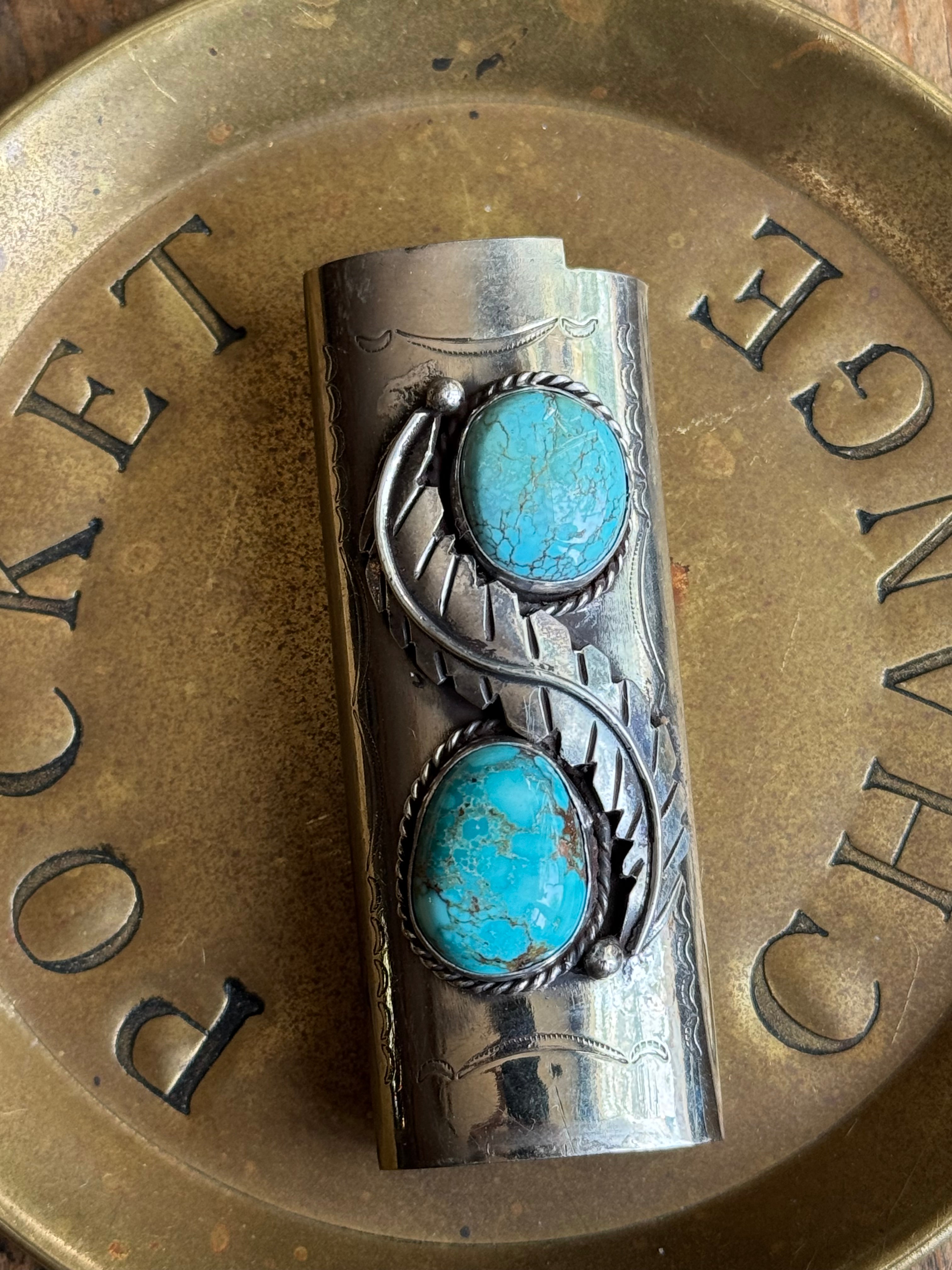 Vintage Stamped Nickel & Sterling Silver Turquoise Lighter Case