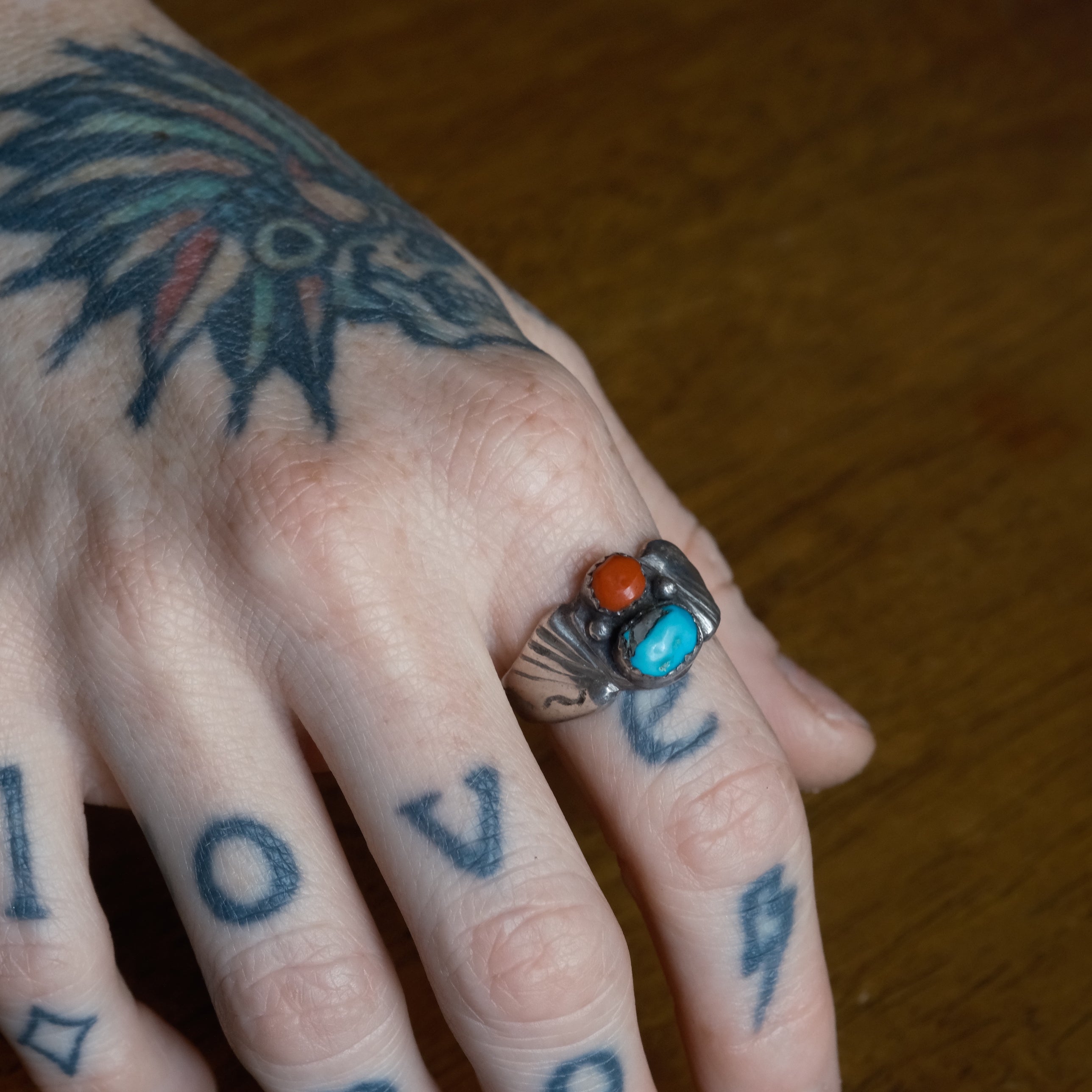 Vintage Sterling Turquoise and Coral Stamped Band Ring 8.75