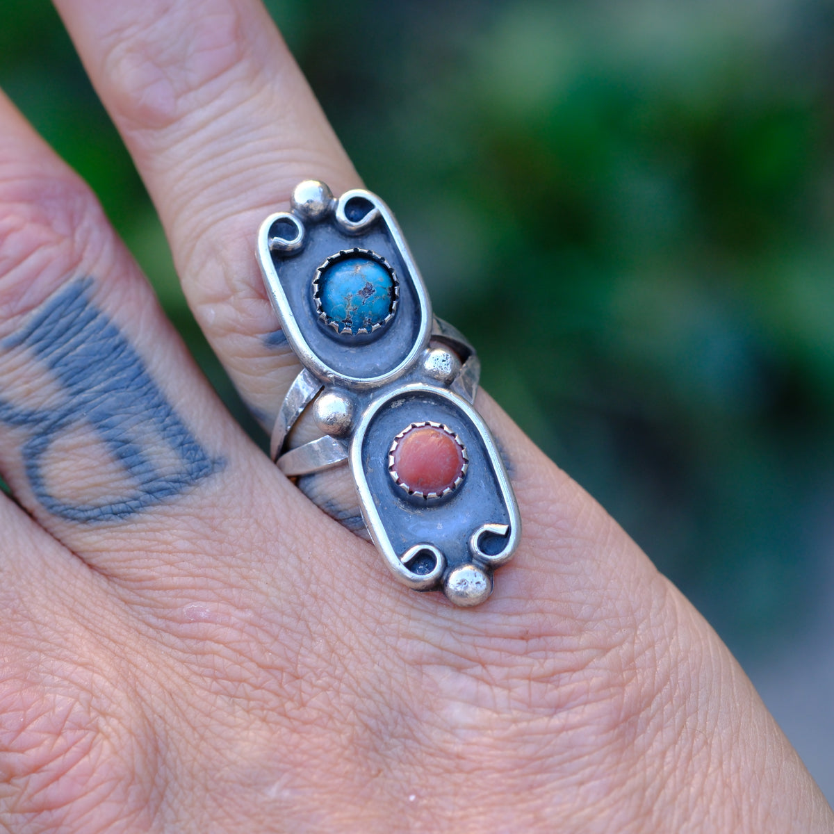 Vintage Sterling Turquoise and Coral Ring 6