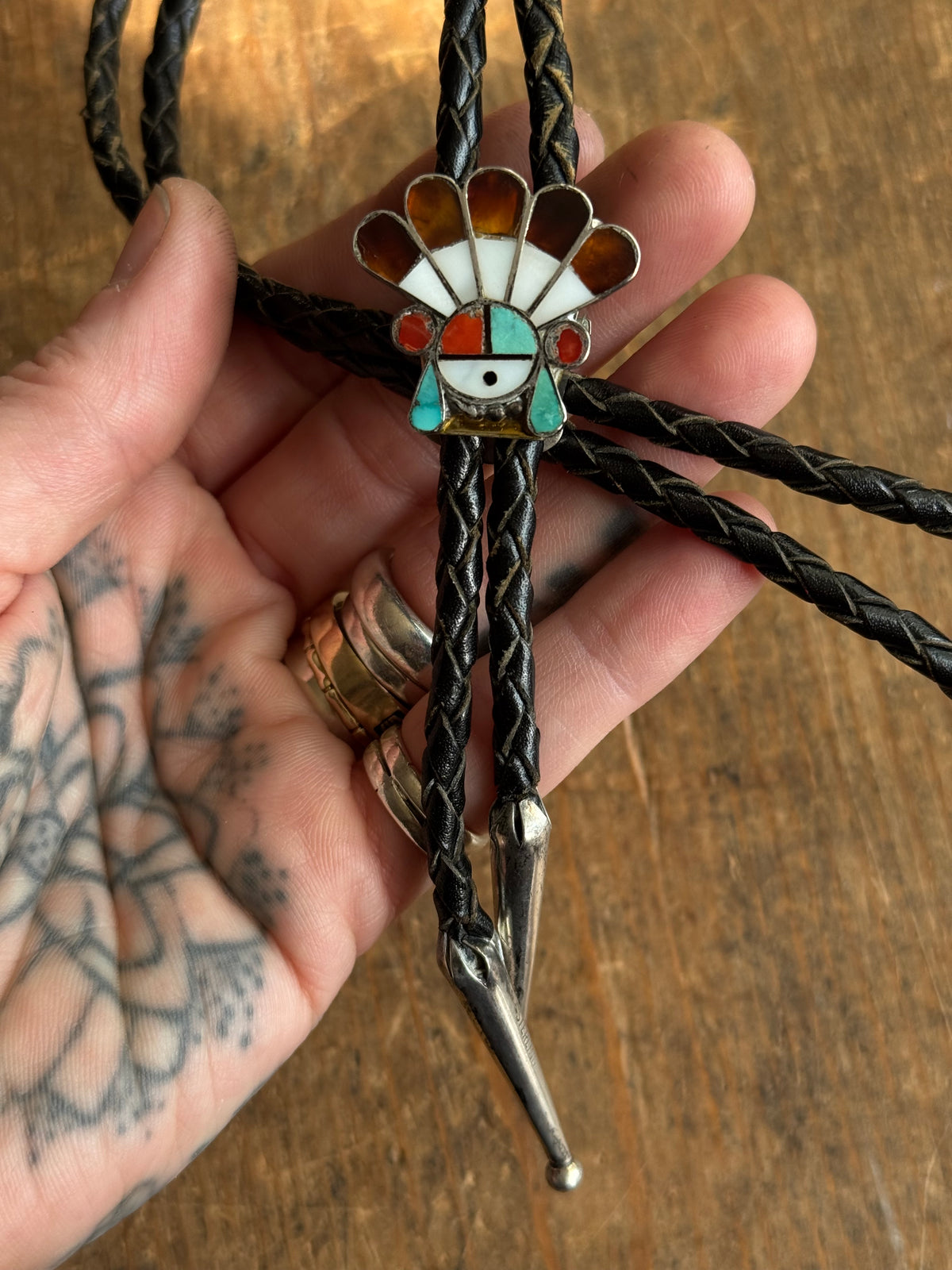 Vintage Sterling Silver Multistone Inly Sunface Warbonnet Bolo