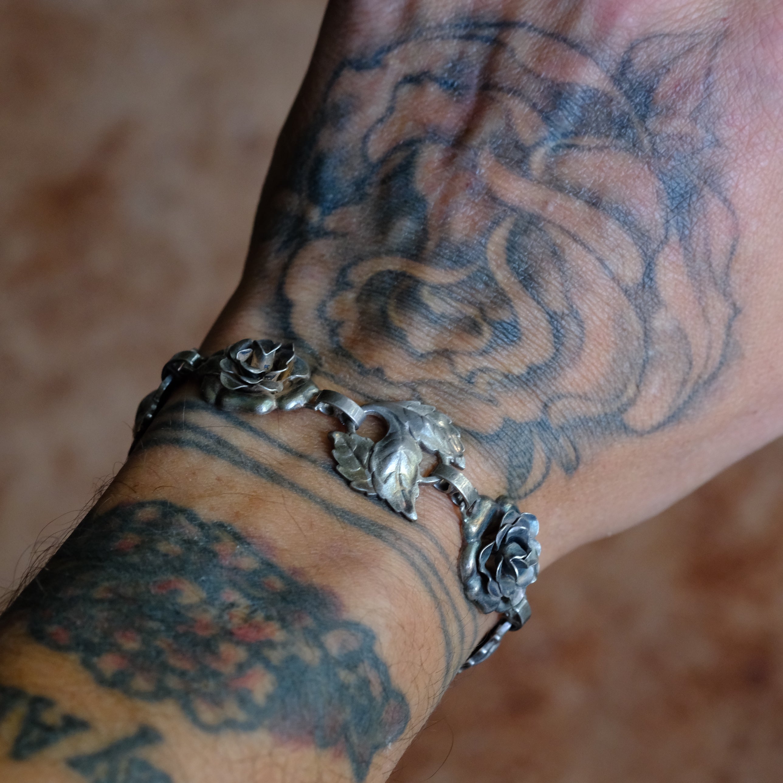 Vintage Sterling Silver Rose Link Bracelet