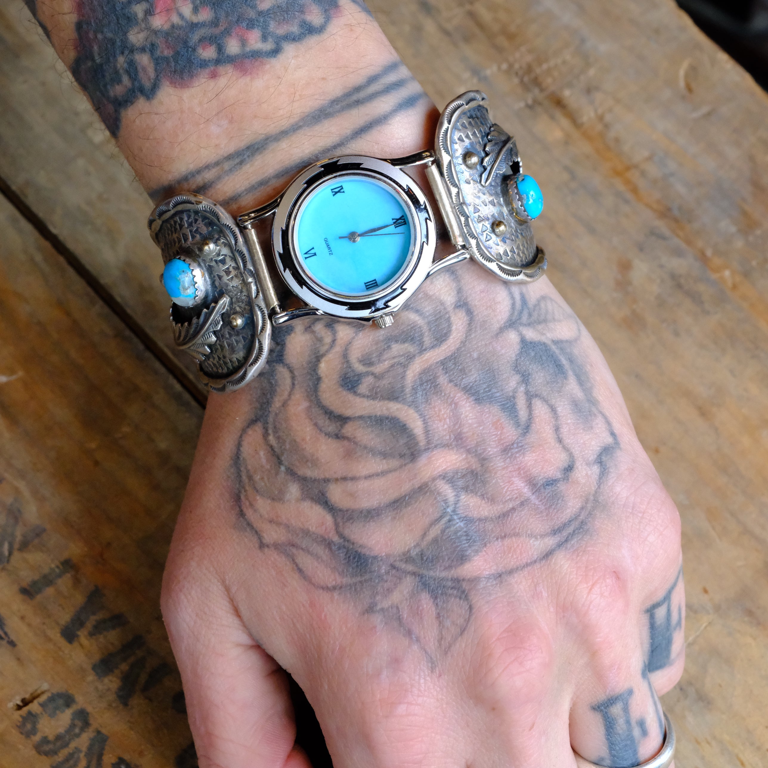 Vintage Sterling Turquoise Feather Watch With Turquoise Dial