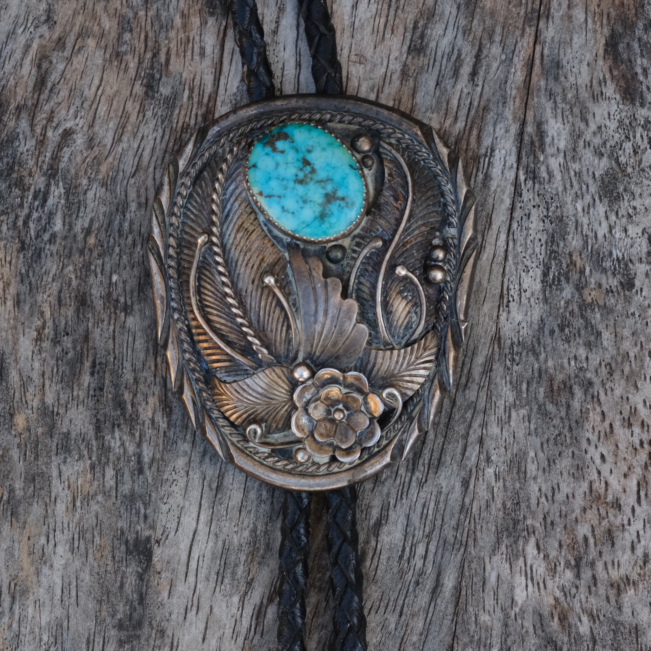 Vintage Sterling Turquoise Blossom Bolo Tie