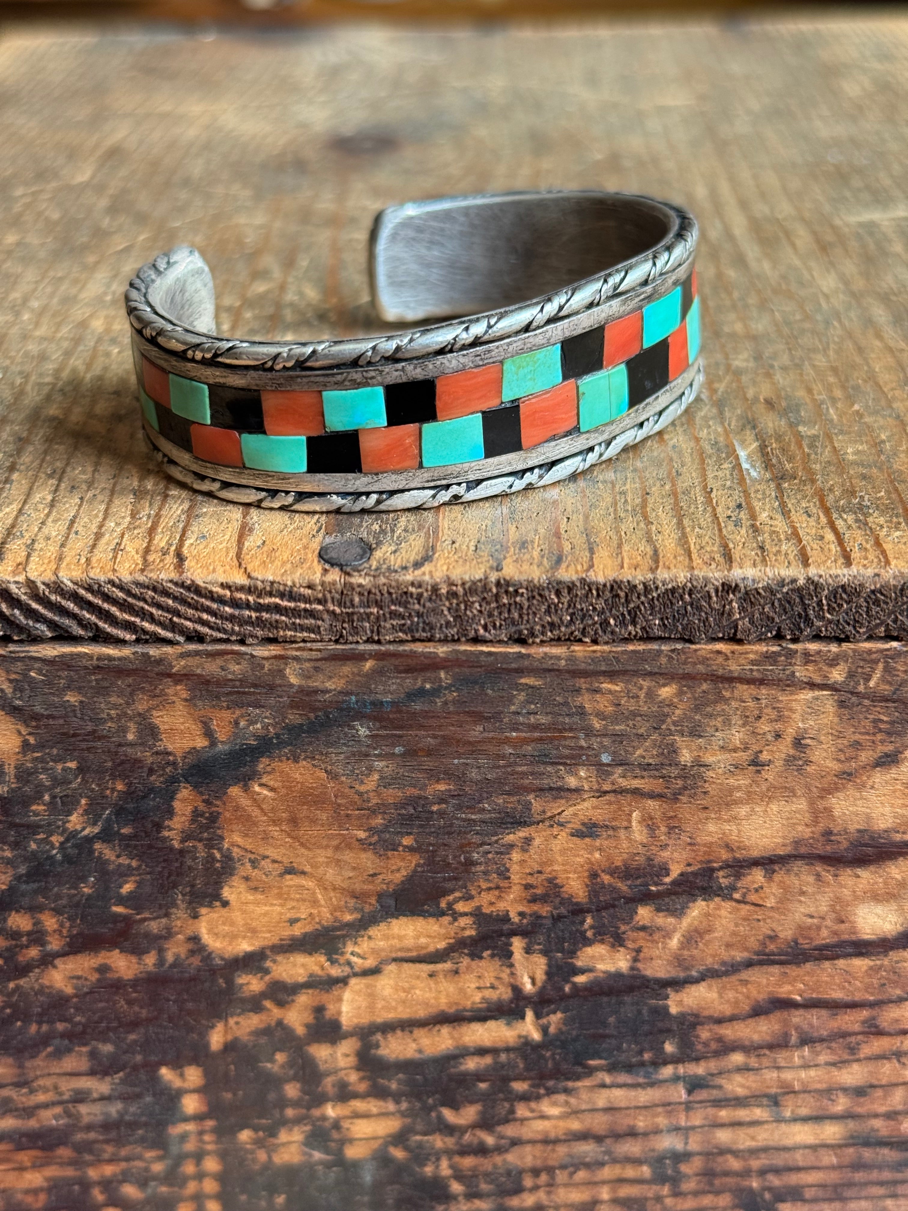 Vintage Sterling Silver Coral Onyx & Turquoise Inlay Cuff