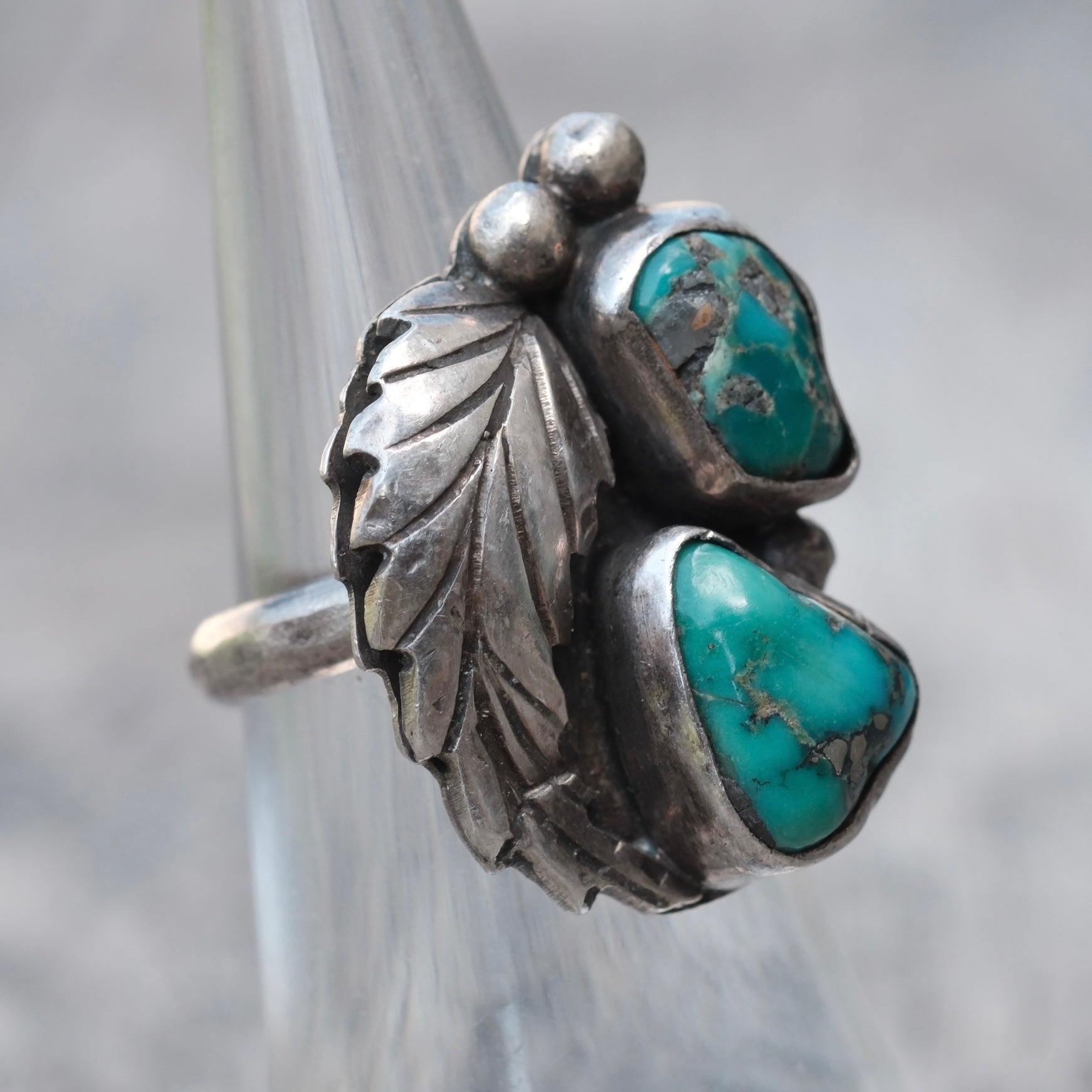 Vintage Sterling 2-Stone Turquoise Feather Ring 5.5