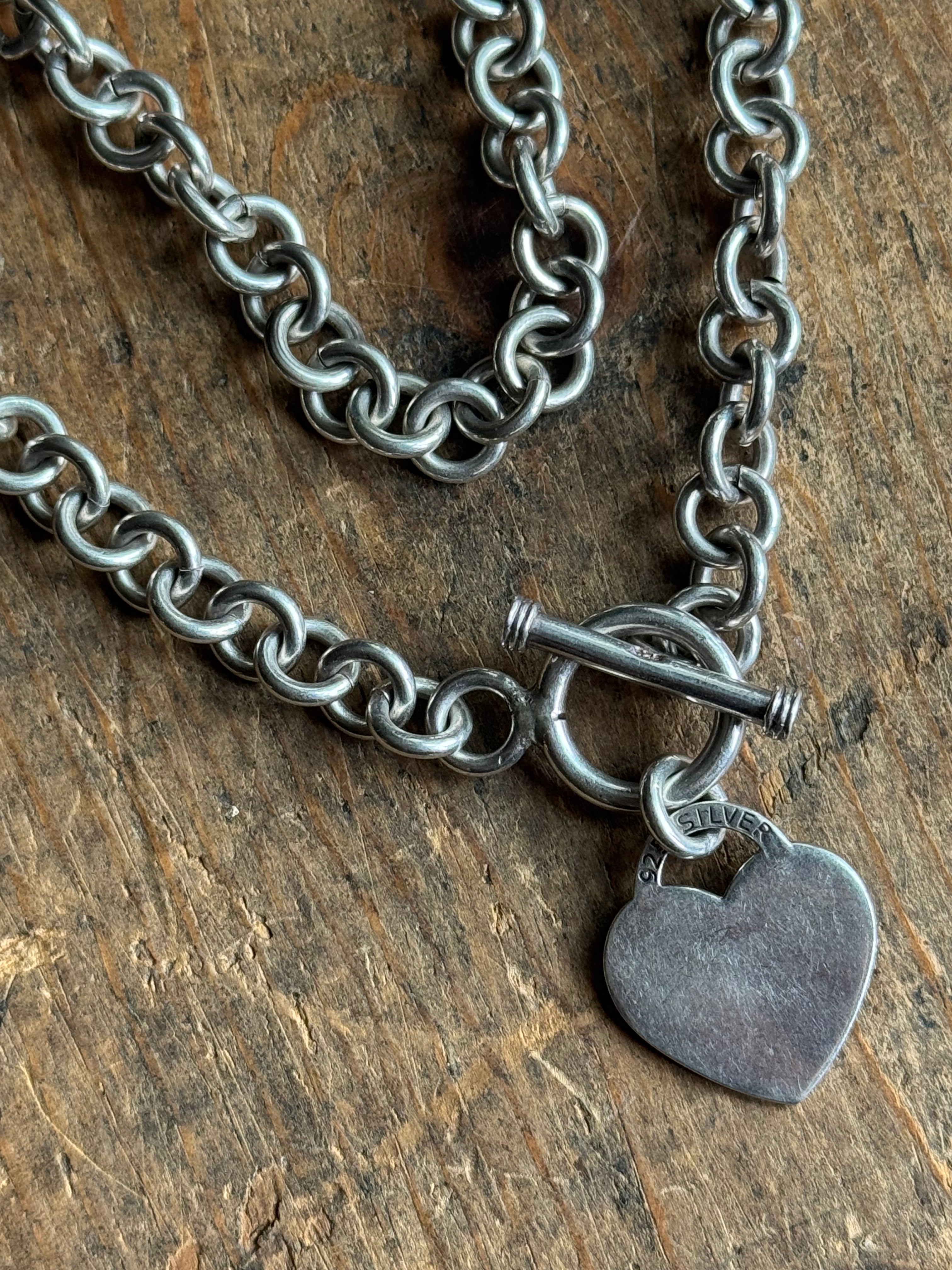 Vintage Sterling Silver 16” Heart ID Toggle Chain Necklace