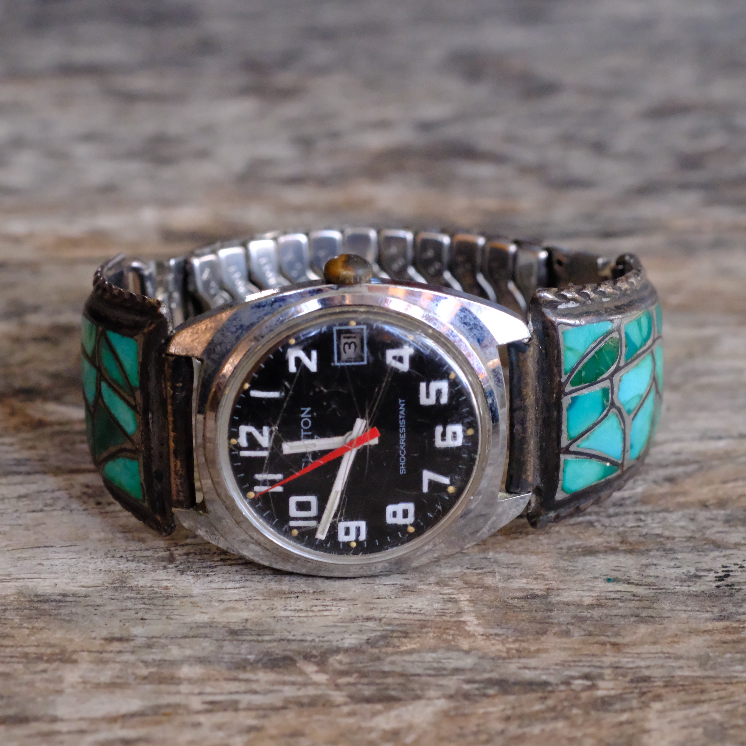 Vintage Sterling Zuni Inlay Fish Scale Watch