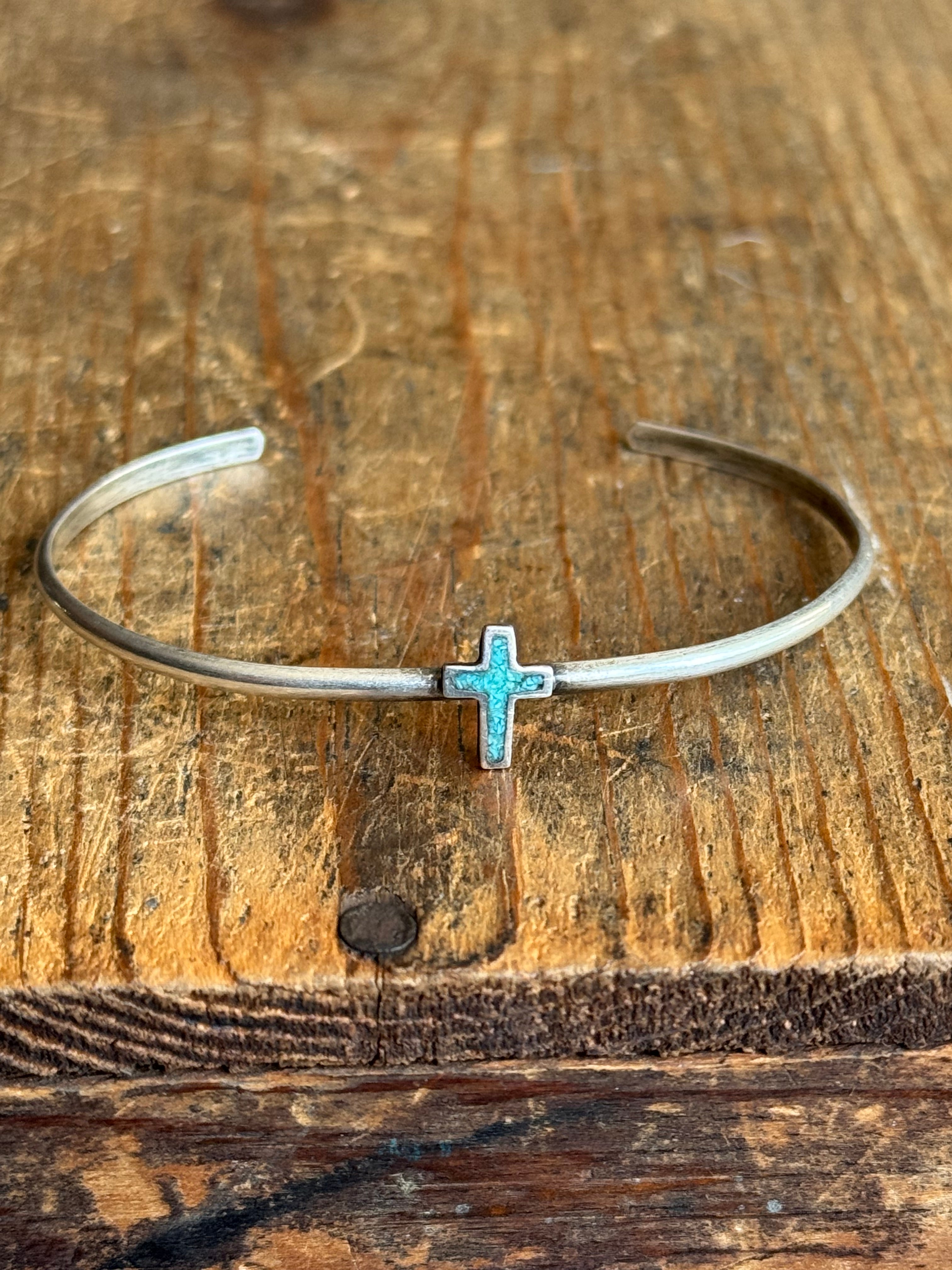 Vintage Sterling Silver Turquoise Inlay Cross Cuff
