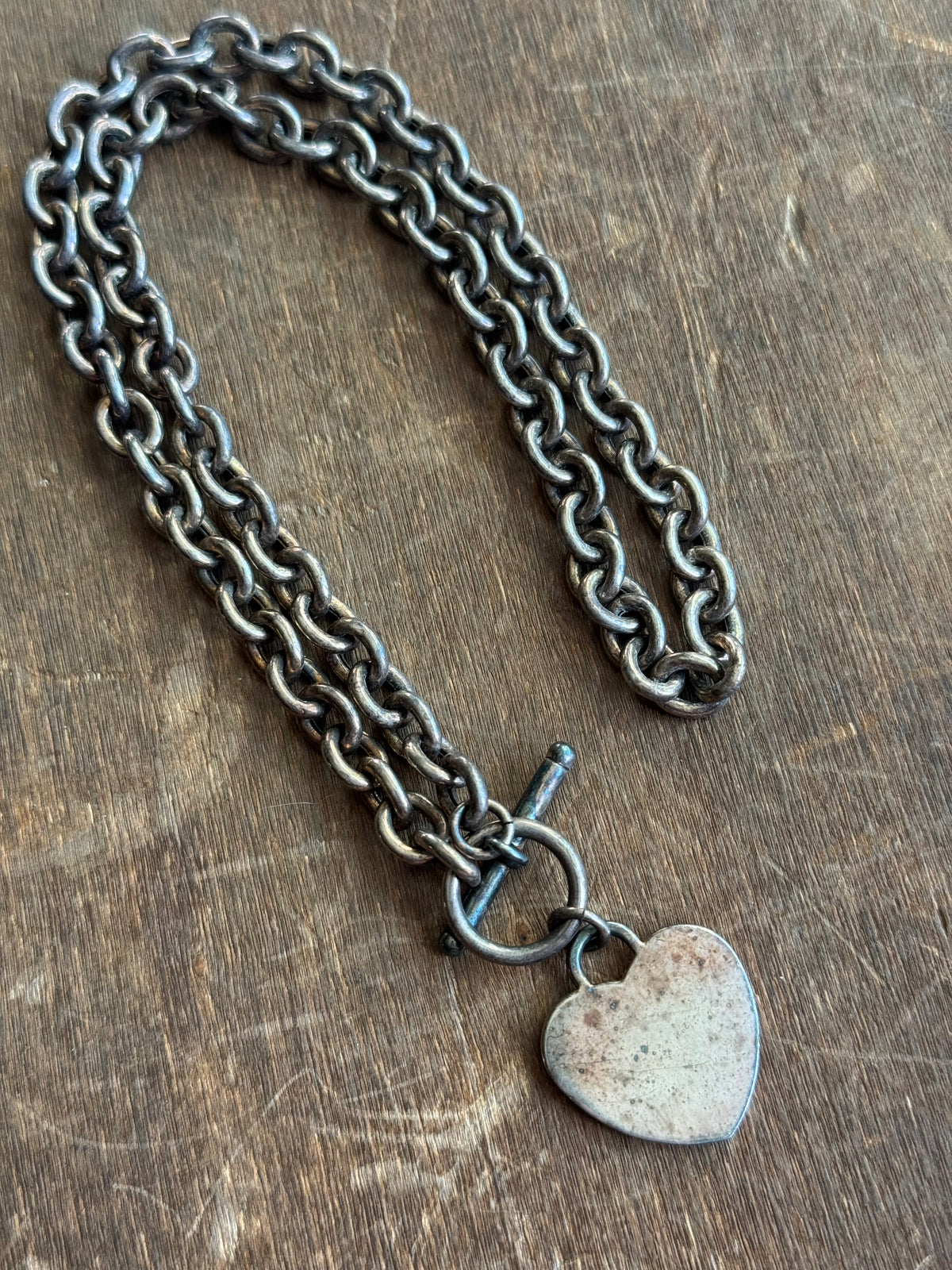 Vintage Sterling Silver 17.5” Curb Link Heart Toggle Chain Necklace