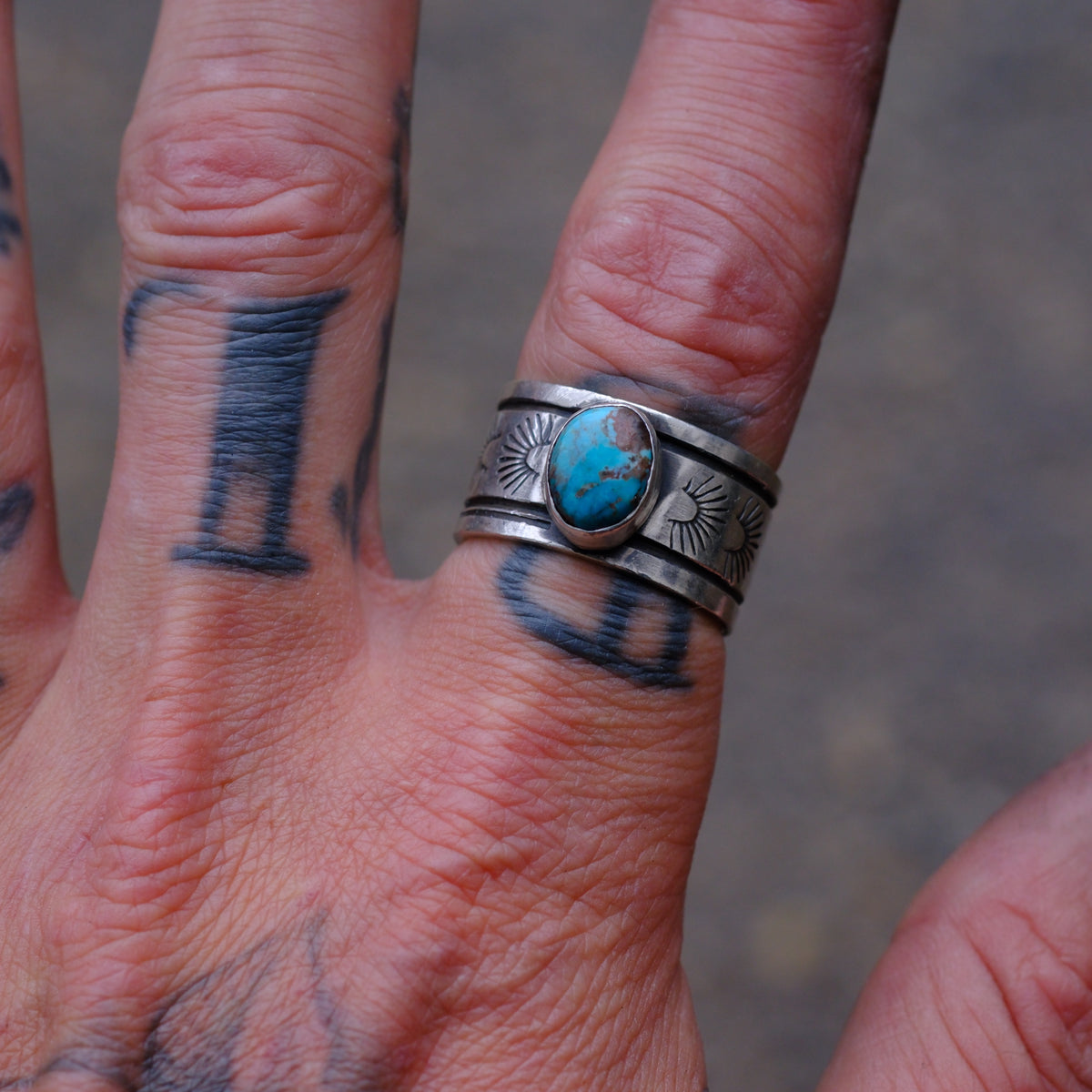 Sterling Silver Bisbee Turquoise Stamped Band Ring 9