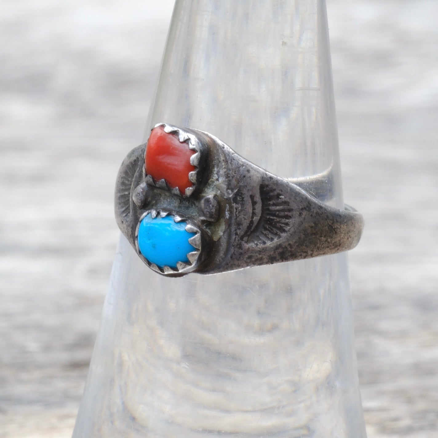 Vintage Sterling Turquoise and Coral Stamped Band Ring 6.25
