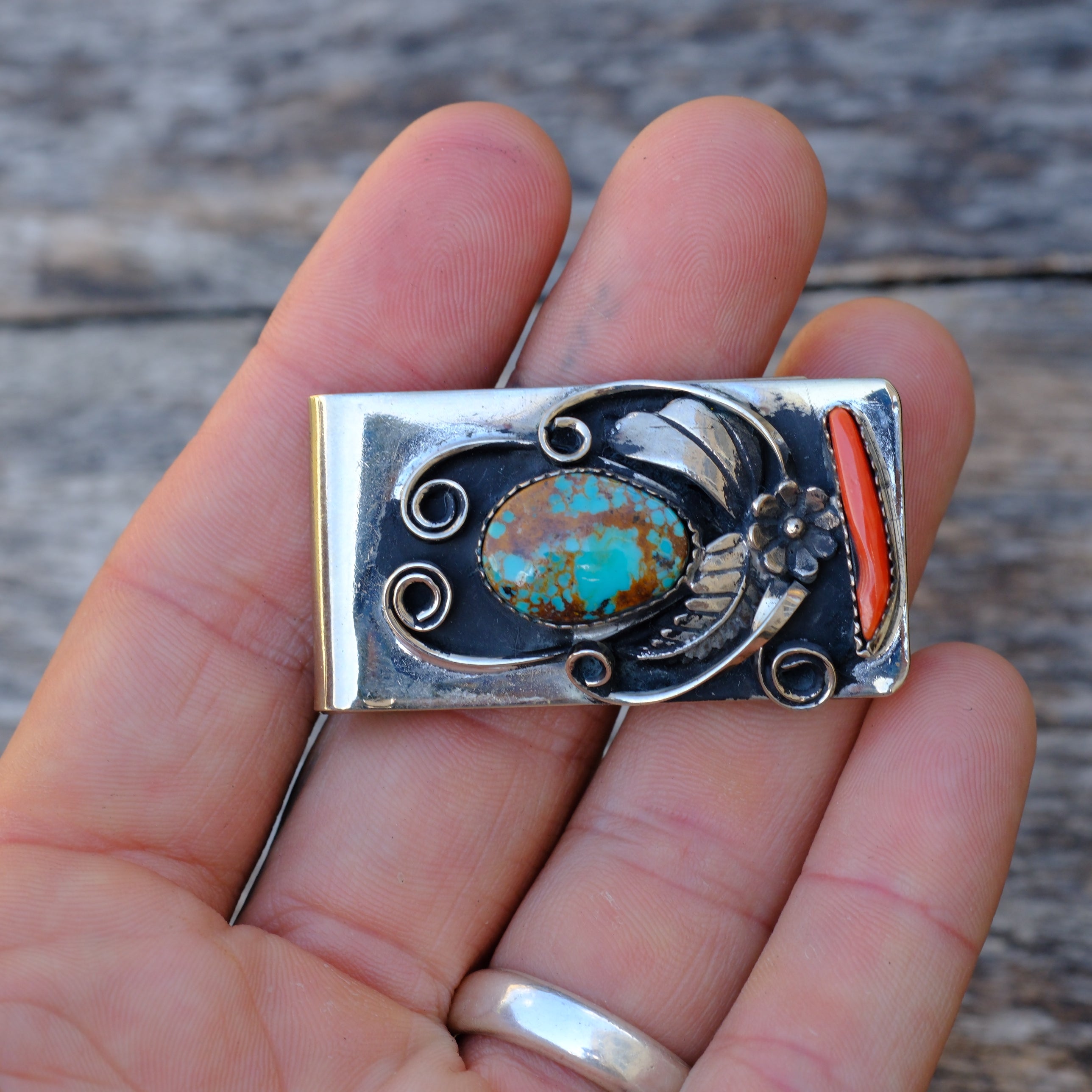 Vintage Turquoise and Coral Feather Money Clip